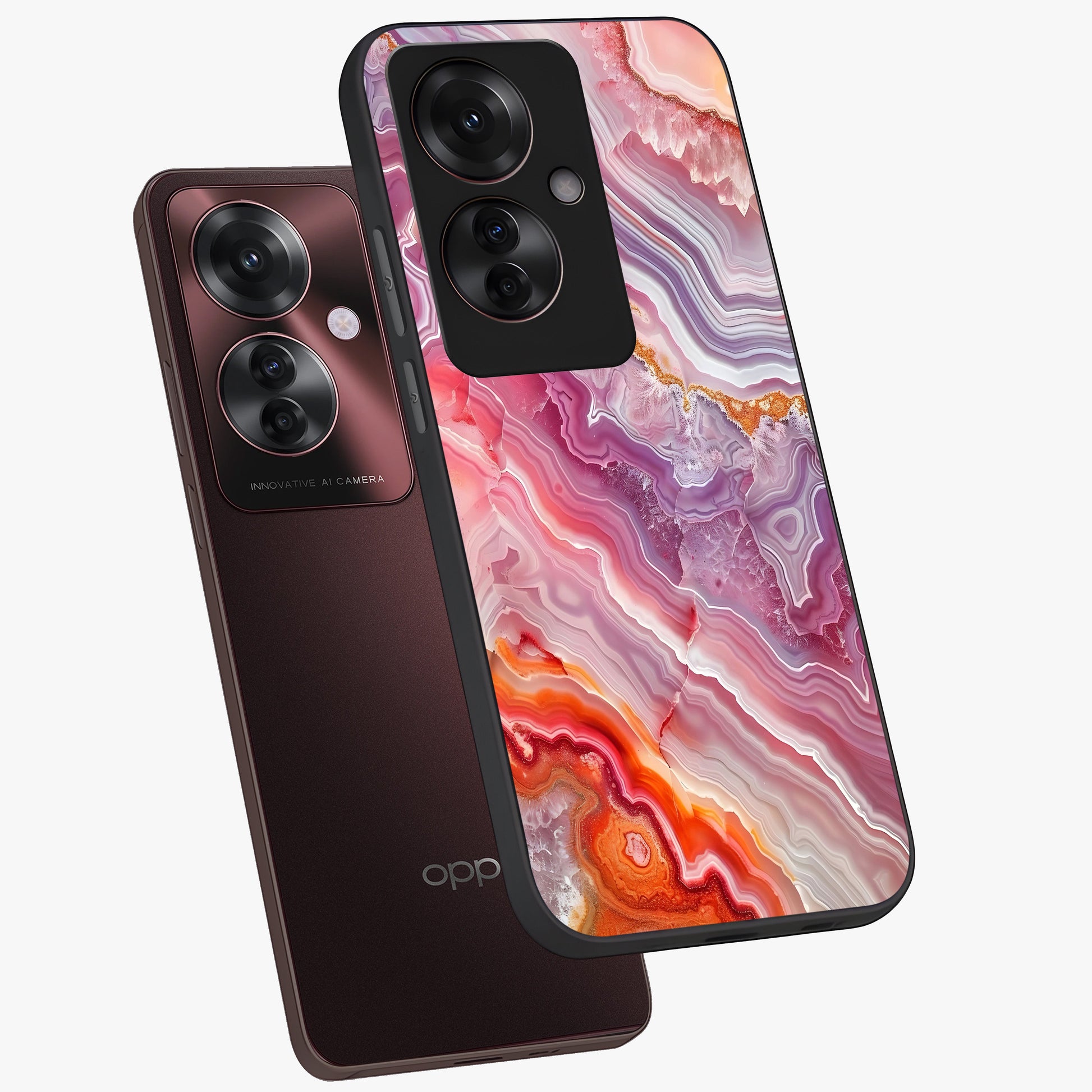 Rose Quartz Marble Glass Case displayed in angled mockup highlighting elegant marble pattern with soft aesthetic style.