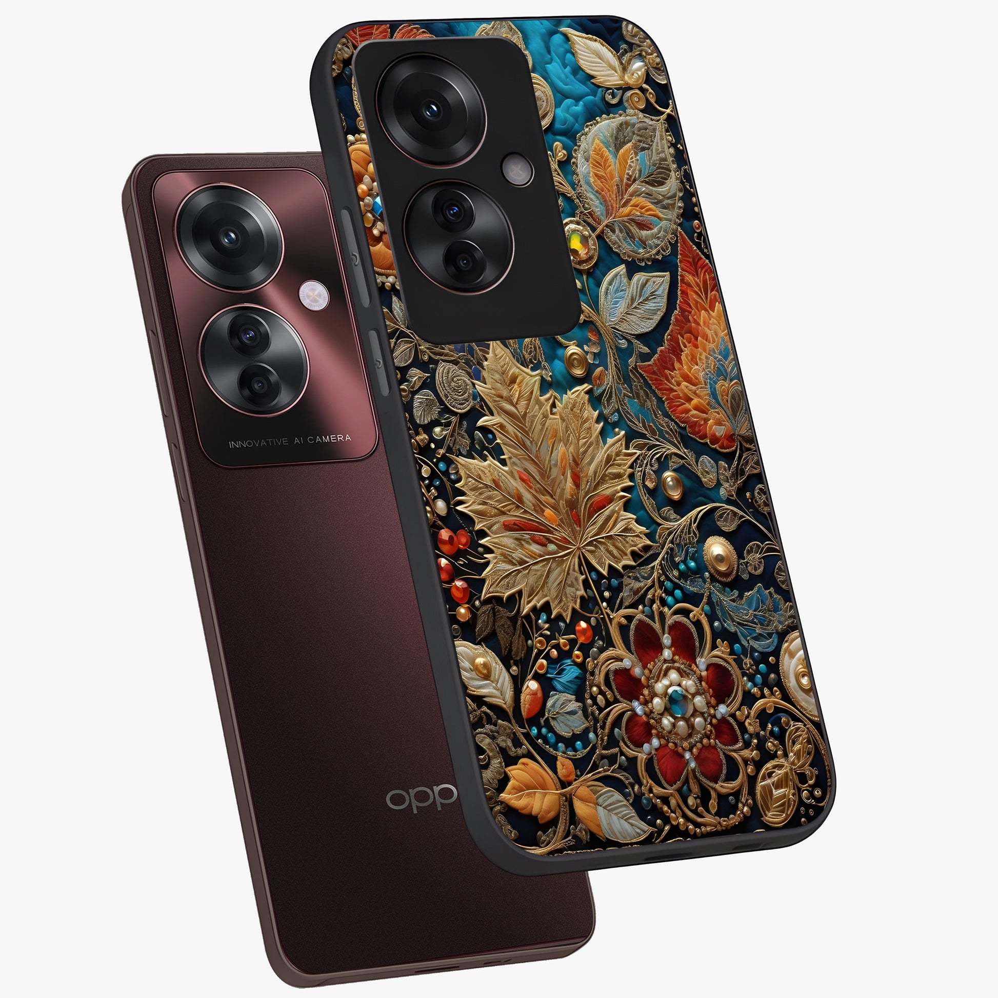 Royal Jewel Garden Glass Case displayed in angled mockup highlighting vibrant jewel inspired floral design with elegant aesthetic.
