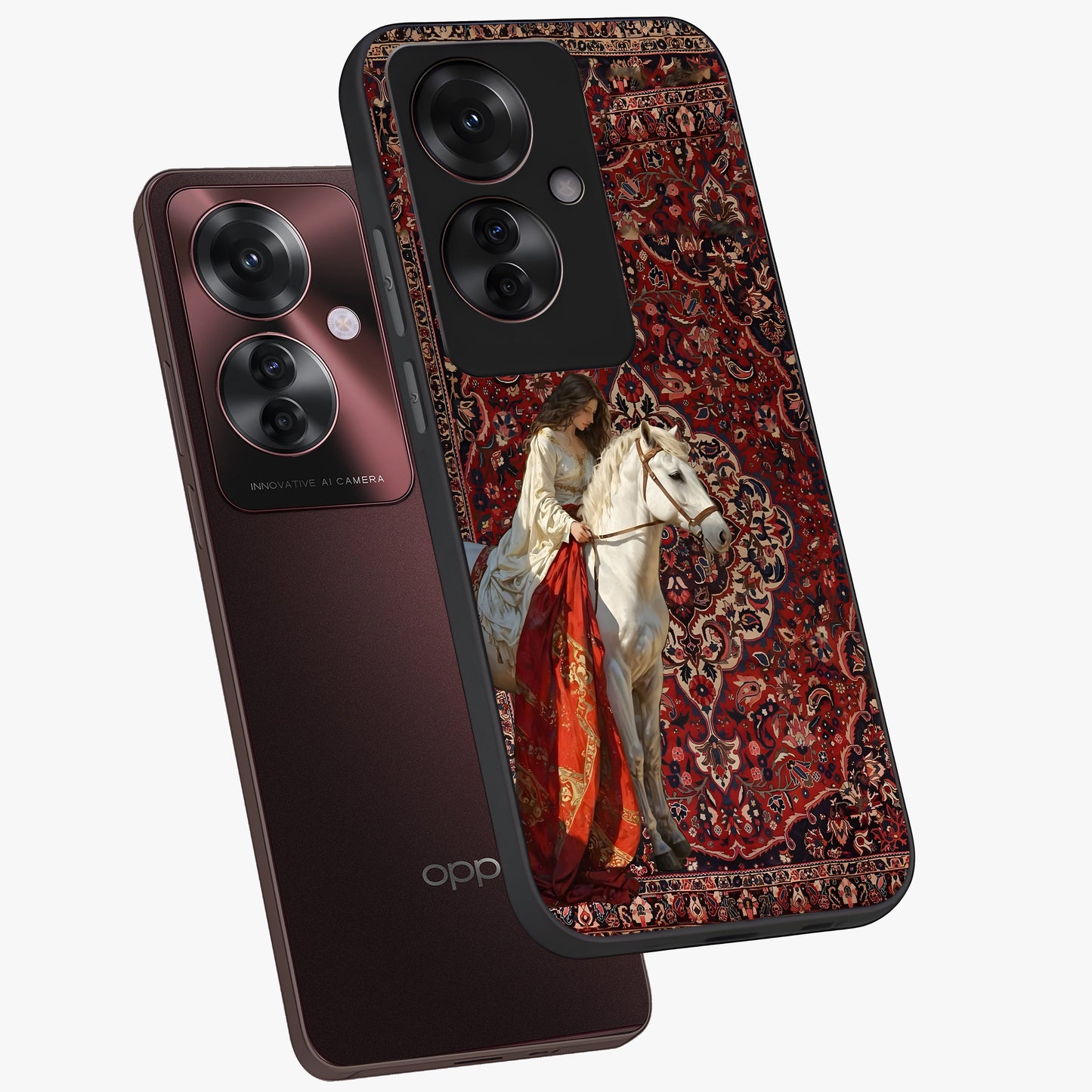 Royal Rider Tapestry Glass Case displayed in angled mockup highlighting traditional tapestry design with royal heritage aesthetic.