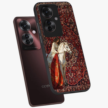 Royal Rider Tapestry Glass Case displayed in angled mockup highlighting traditional tapestry design with royal heritage aesthetic.