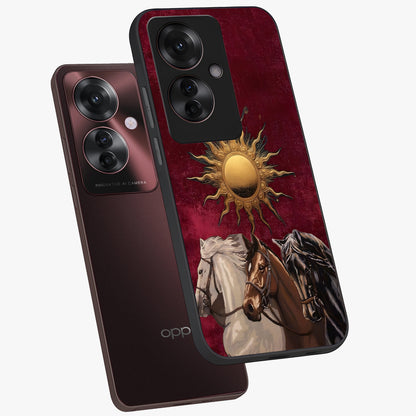 Solar Riders Glass Case displayed in angled mockup highlighting powerful rider illustration with radiant solar aesthetic.
