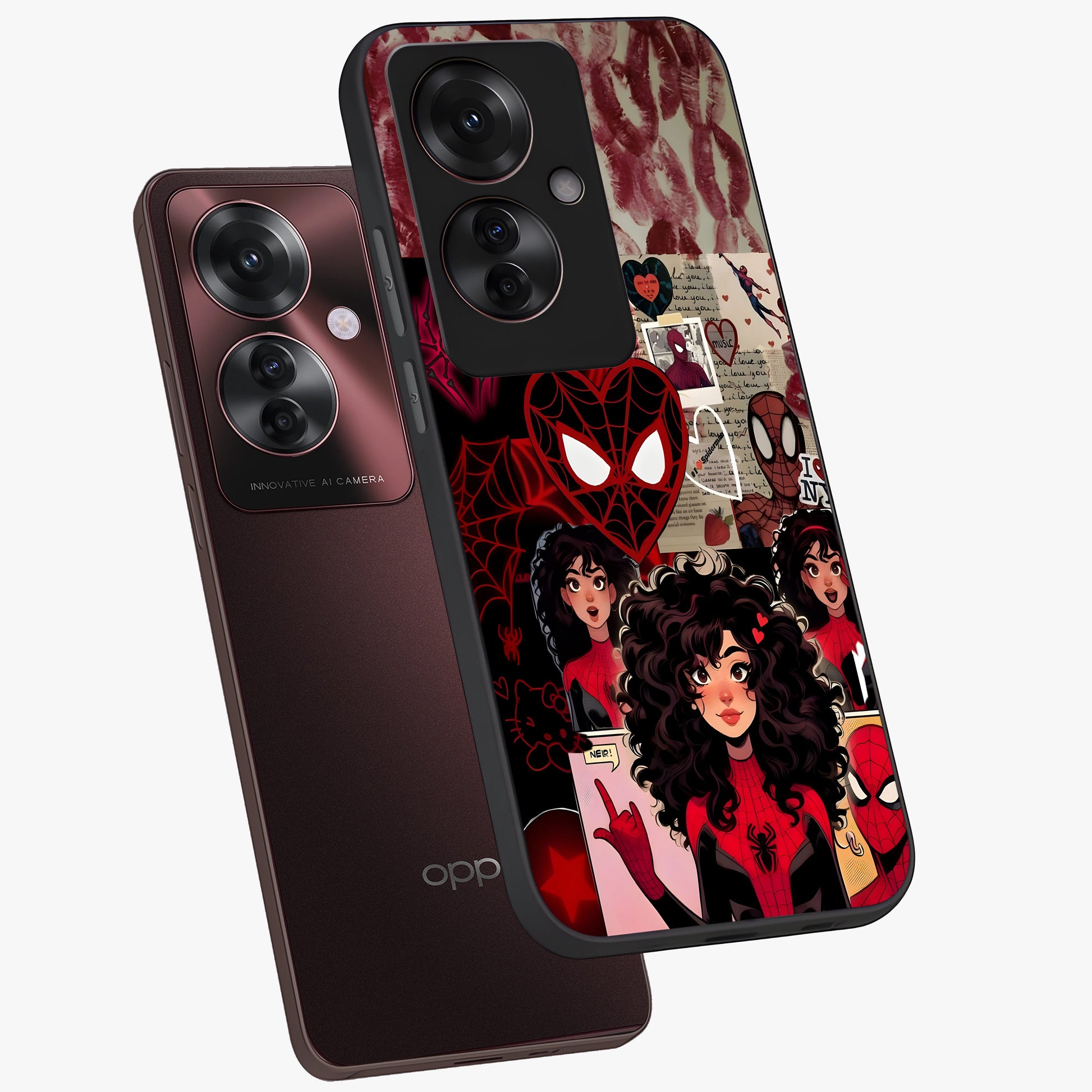 Spider Love Story Glass Case displayed in angled mockup highlighting expressive comic inspired design with playful aesthetic.