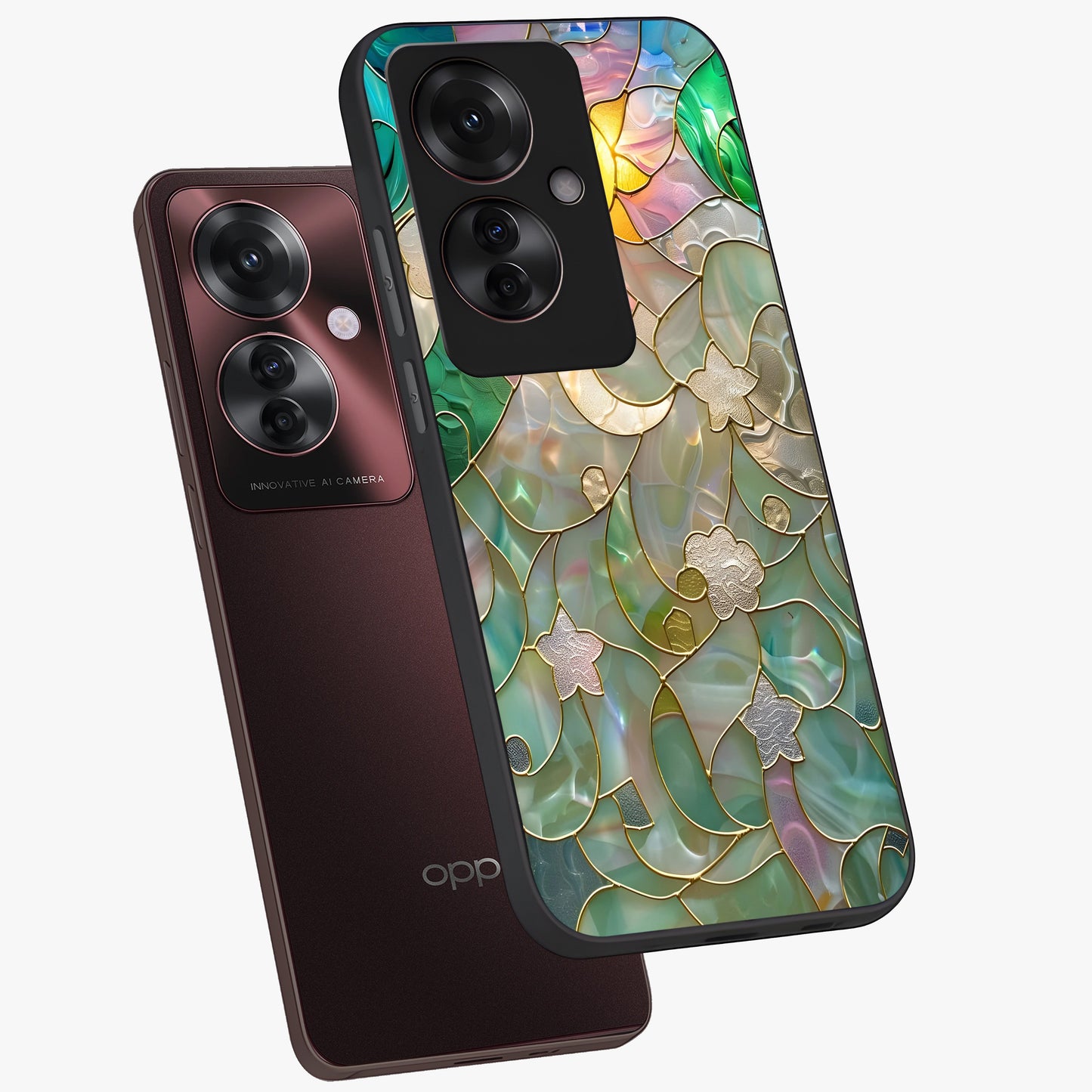 Stained Sunrise Glow Glass Case displayed in angled mockup highlighting radiant sunrise design with artistic aesthetic style.