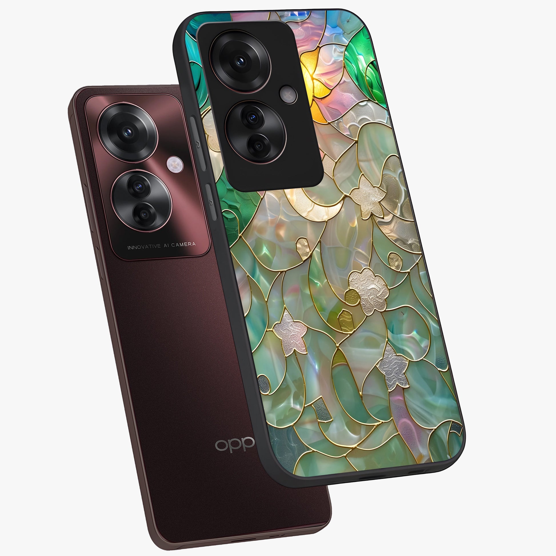 Stained Sunrise Glow Glass Case displayed in angled mockup highlighting radiant sunrise design with artistic aesthetic style.