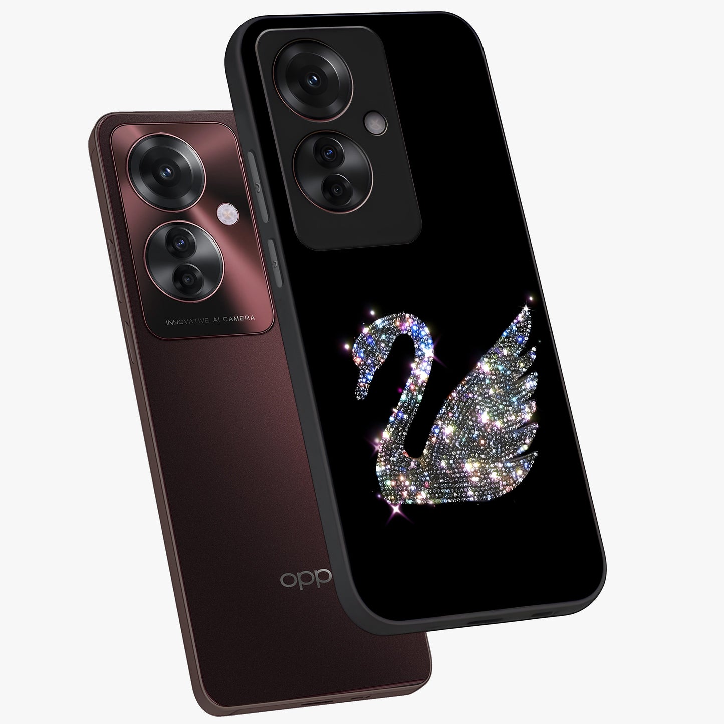 Starlit Swan Grace Glass Case displayed in angled mockup highlighting elegant swan illustration with dreamy celestial aesthetic.
