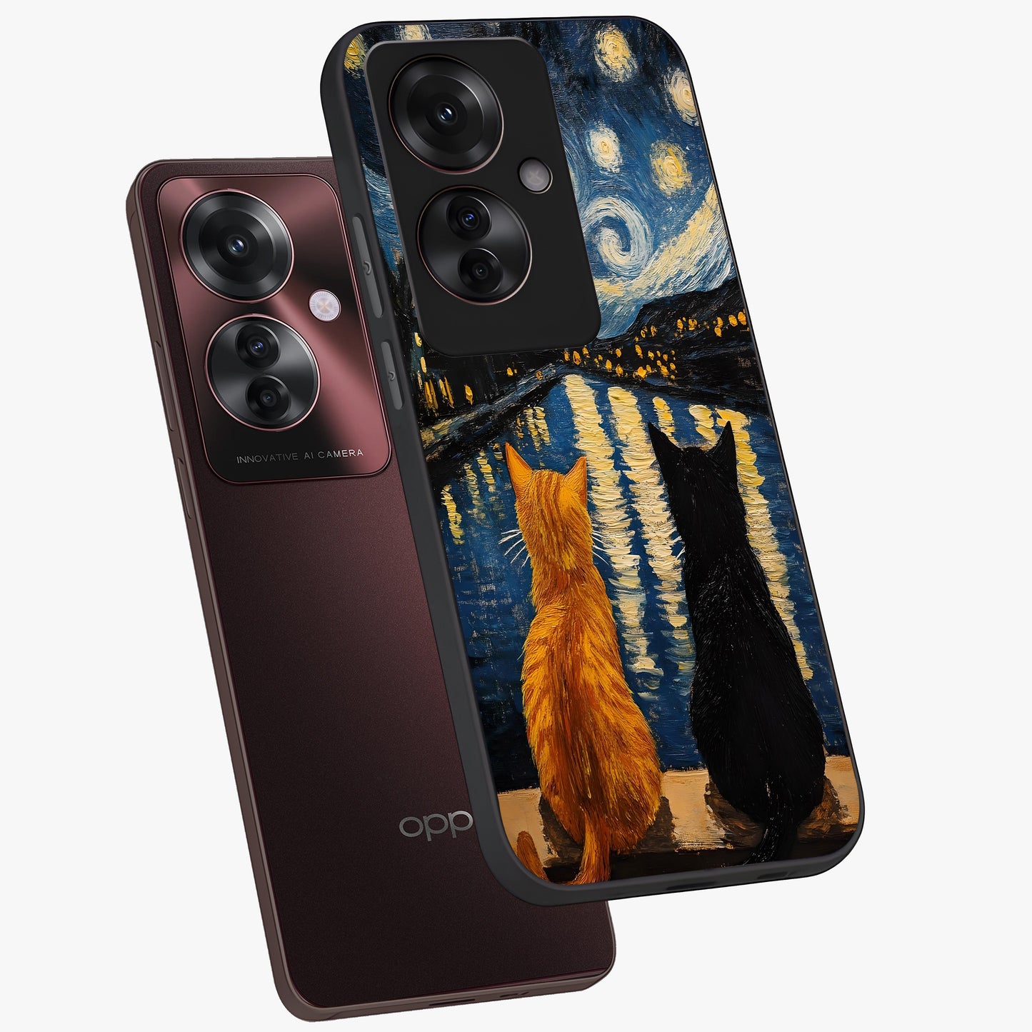 Starry River Cats Glass Case displayed in angled mockup highlighting charming feline illustration with dreamy night aesthetic.