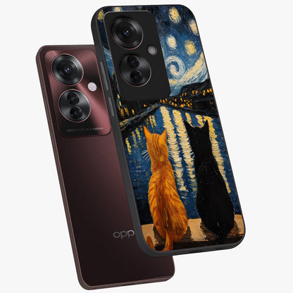 Starry River Cats Glass Case displayed in angled mockup highlighting charming feline illustration with dreamy night aesthetic.