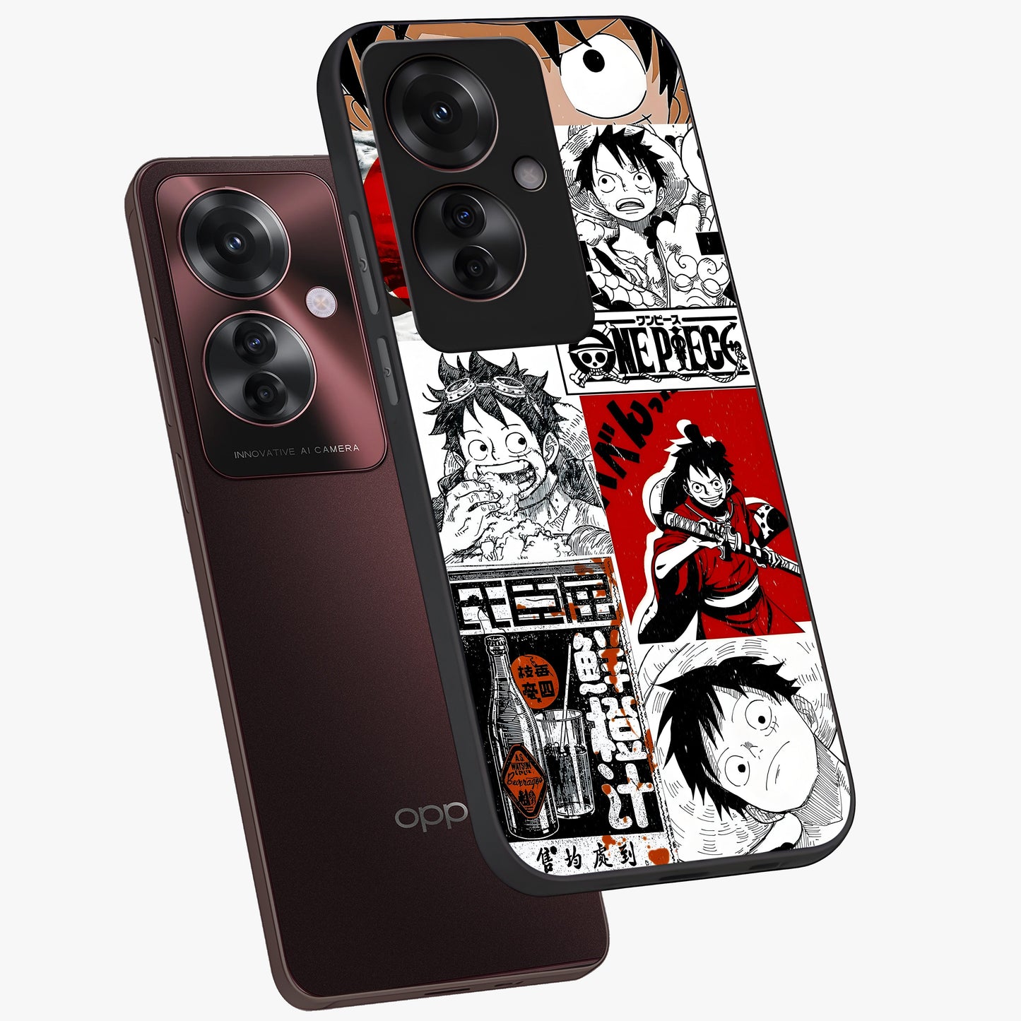 Strawhat Chaos Panels Glass Case displayed in angled mockup highlighting vibrant anime collage design with action aesthetic.
