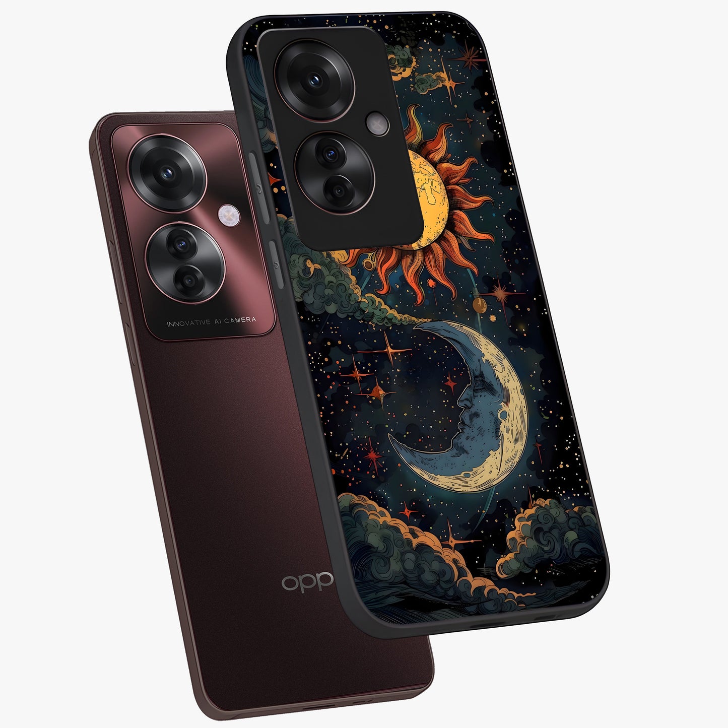 Sun And Moon Magic Design Glass Case displayed in angled mockup highlighting celestial design with magical cosmic aesthetic.