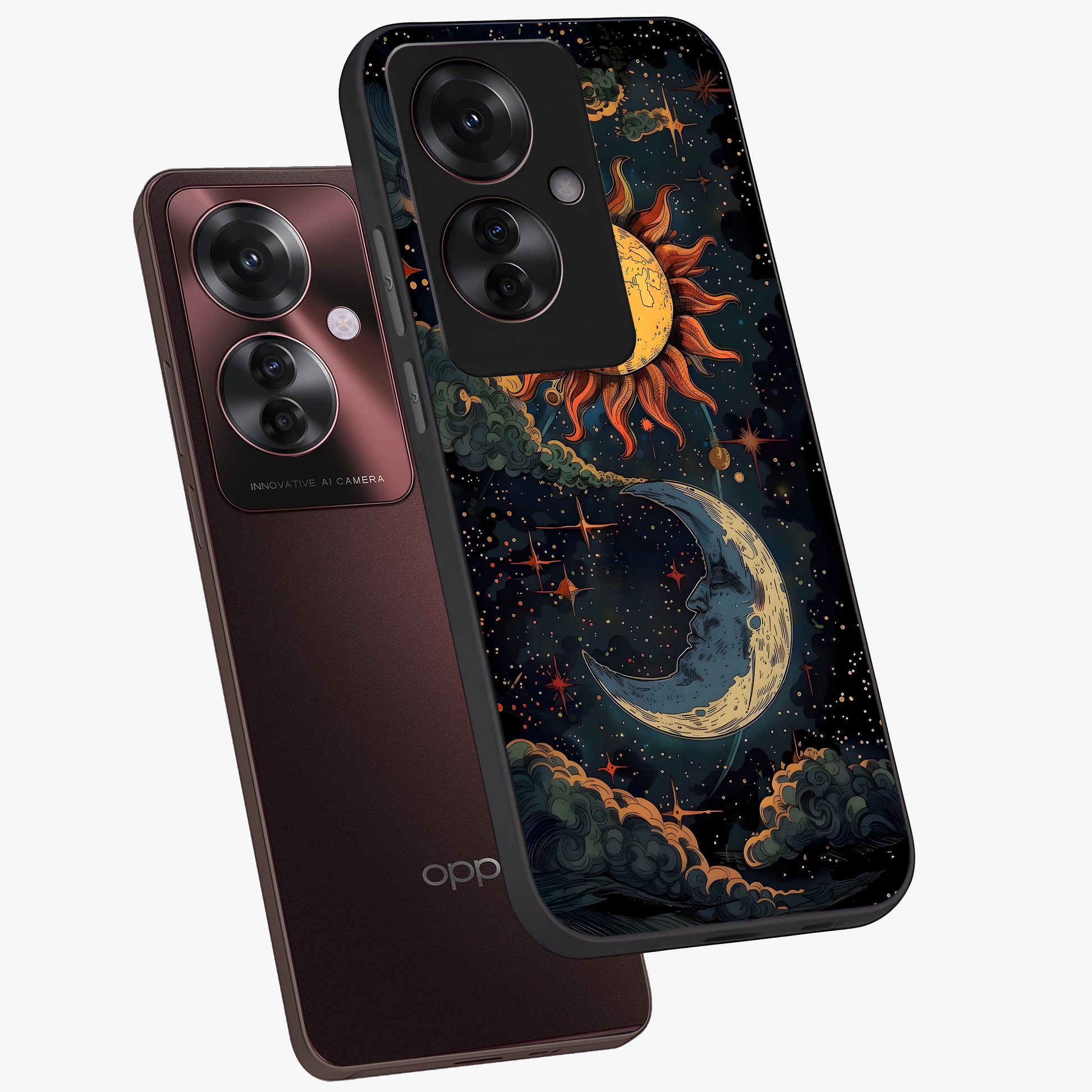 Sun And Moon Magic Design Glass Case displayed in angled mockup highlighting celestial design with magical cosmic aesthetic.