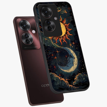 Sun And Moon Magic Design Glass Case displayed in angled mockup highlighting celestial design with magical cosmic aesthetic.