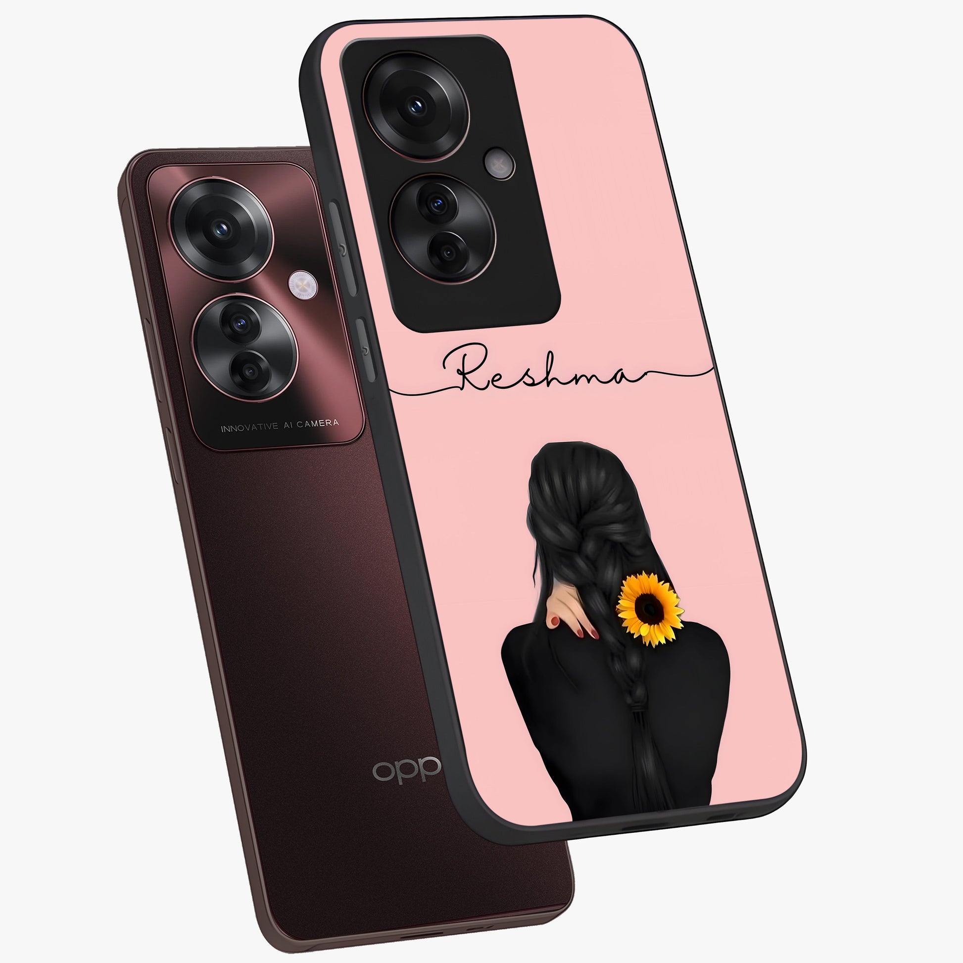 Sunflower Braid Beauty With Custom Name Glass Case displayed in angled mockup highlighting elegant sunflower design with custom name feature.