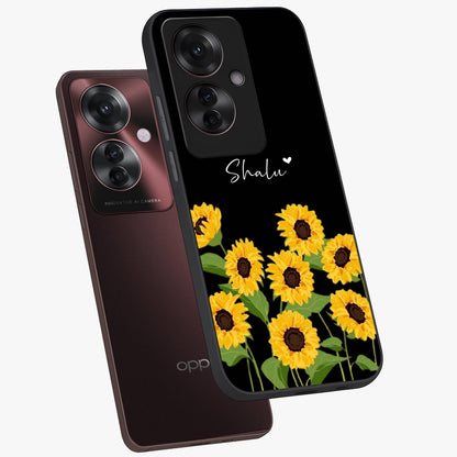 Sunflower Chic Mood Custom Name Glass Case displayed in angled mockup highlighting vibrant sunflower design with custom name feature.