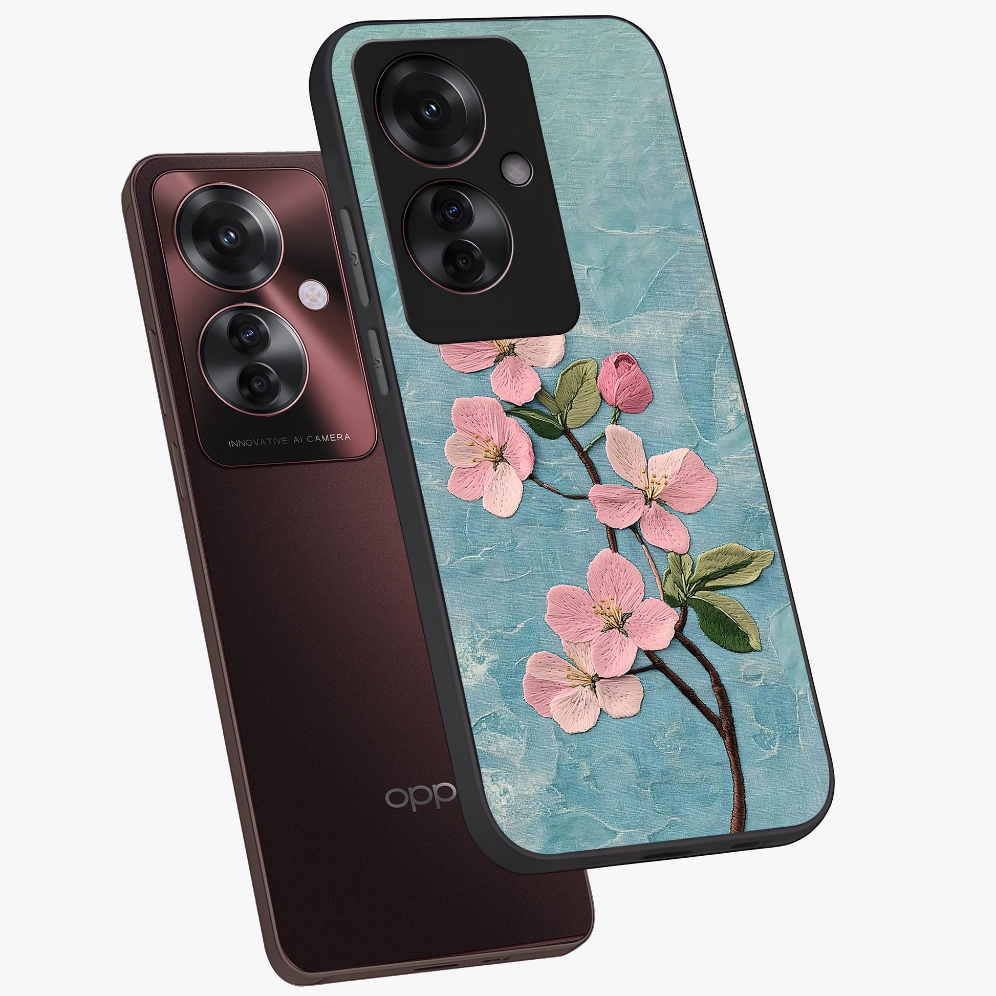 Threaded Blossom Breeze Glass Case displayed in angled mockup highlighting elegant floral design with soft aesthetic style.