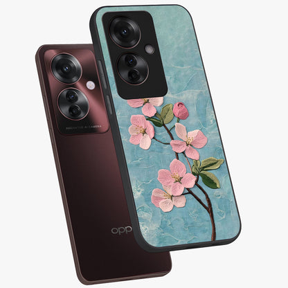 Threaded Blossom Breeze Glass Case displayed in angled mockup highlighting elegant floral design with soft aesthetic style.