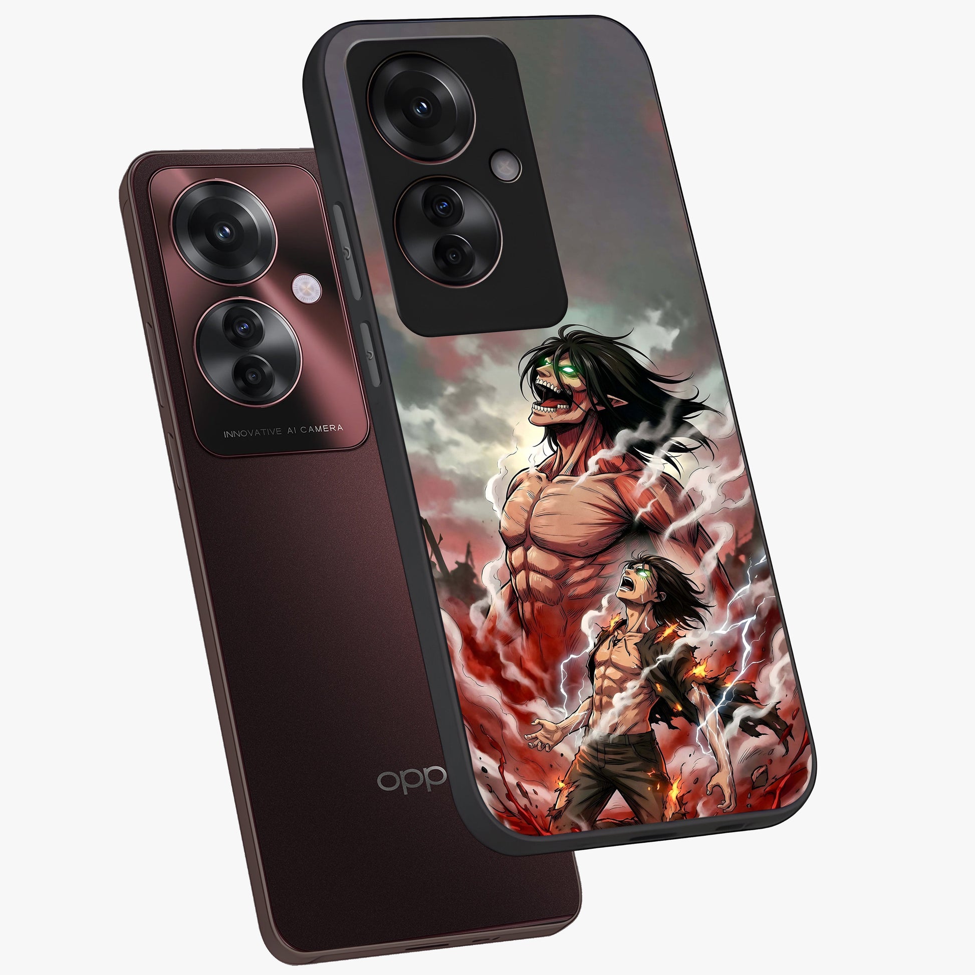Titan Awakening Fury Glass Case displayed in angled mockup highlighting dramatic giant warrior design with bold anime aesthetic.