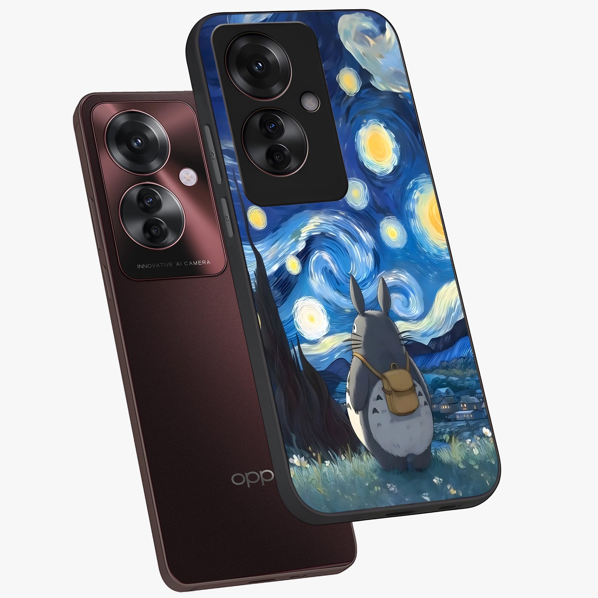 Totoro In Van Gogh Art Glass Case displayed in angled mockup highlighting artistic swirling sky design with playful animation aesthetic.