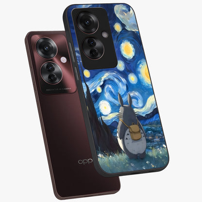 Totoro In Van Gogh Art Glass Case displayed in angled mockup highlighting artistic swirling sky design with playful animation aesthetic.