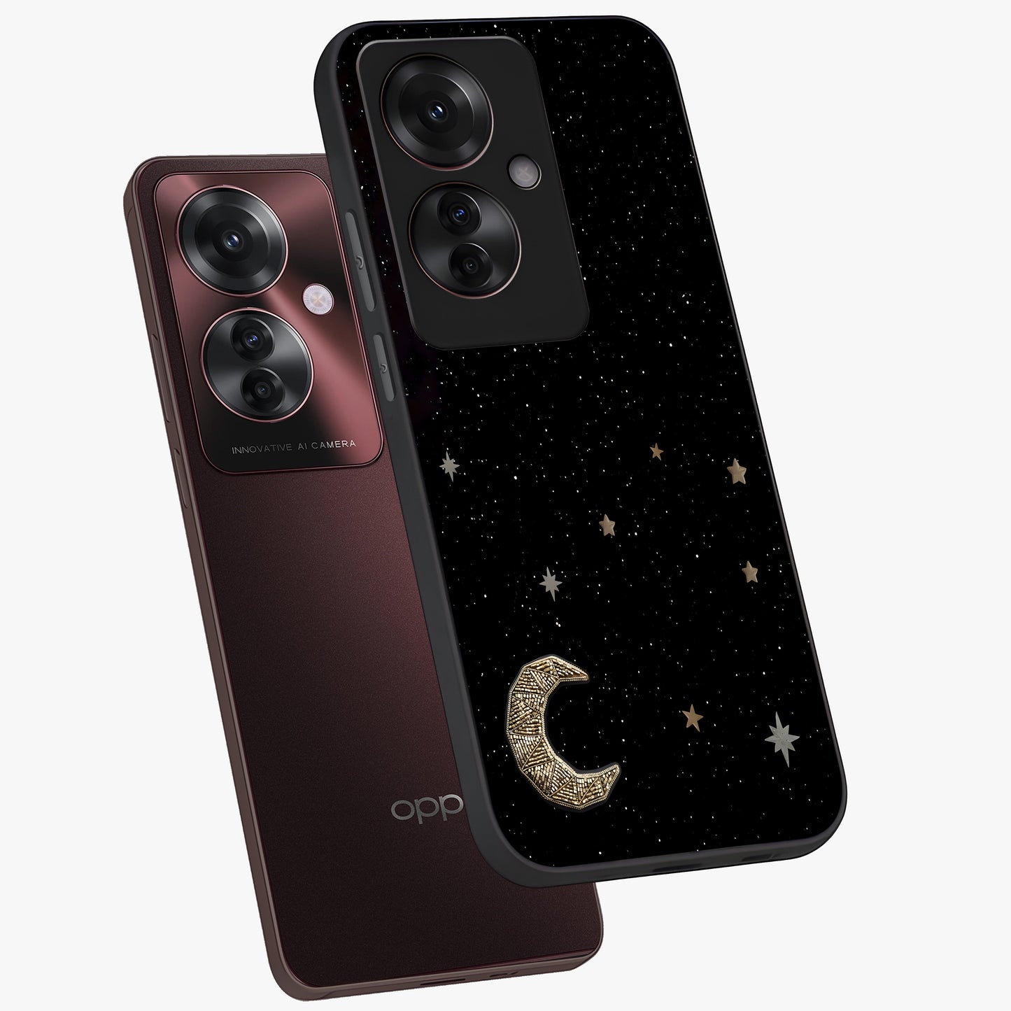 Twinkle Star With Half Moon Glass Case displayed in angled mockup highlighting celestial moon and star design with magical aesthetic.