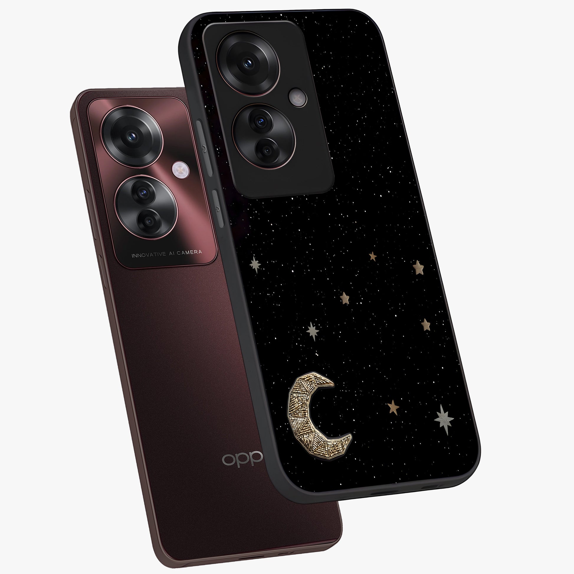 Twinkle Star With Half Moon Glass Case displayed in angled mockup highlighting celestial moon and star design with magical aesthetic.