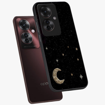 Twinkle Star With Half Moon Glass Case displayed in angled mockup highlighting celestial moon and star design with magical aesthetic.