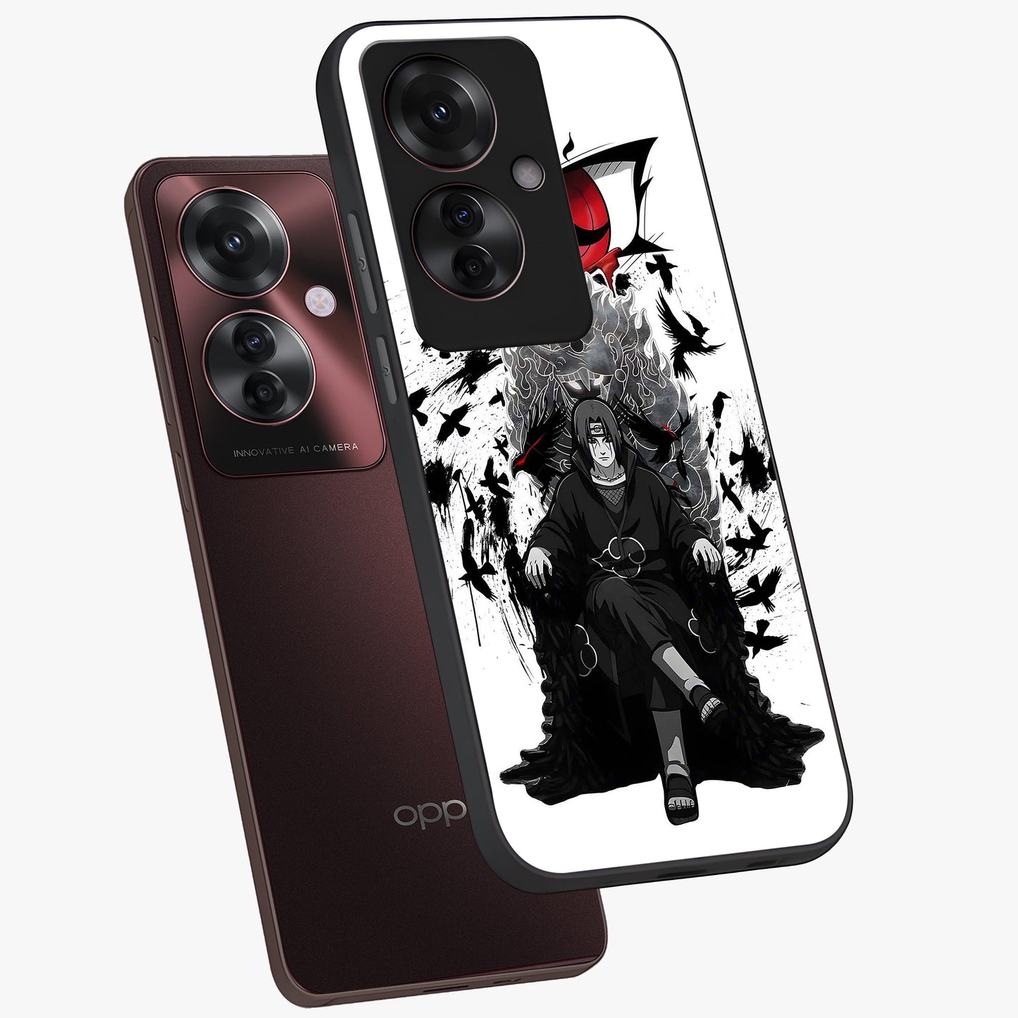 Uchiha Shadow Throne Glass Case displayed in angled mockup highlighting glowing aquatic design with celestial aesthetic.
