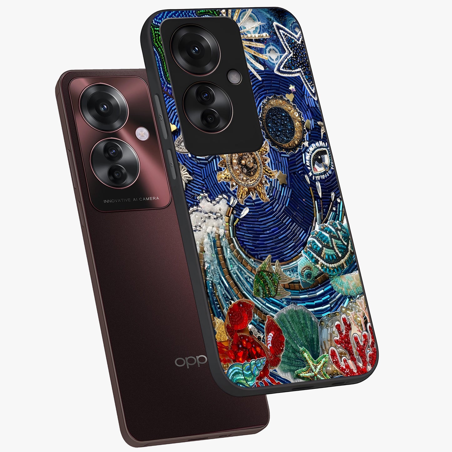 Universe Underwater Spark Glass Case displayed in angled mockup highlighting glowing aquatic design with celestial aesthetic.