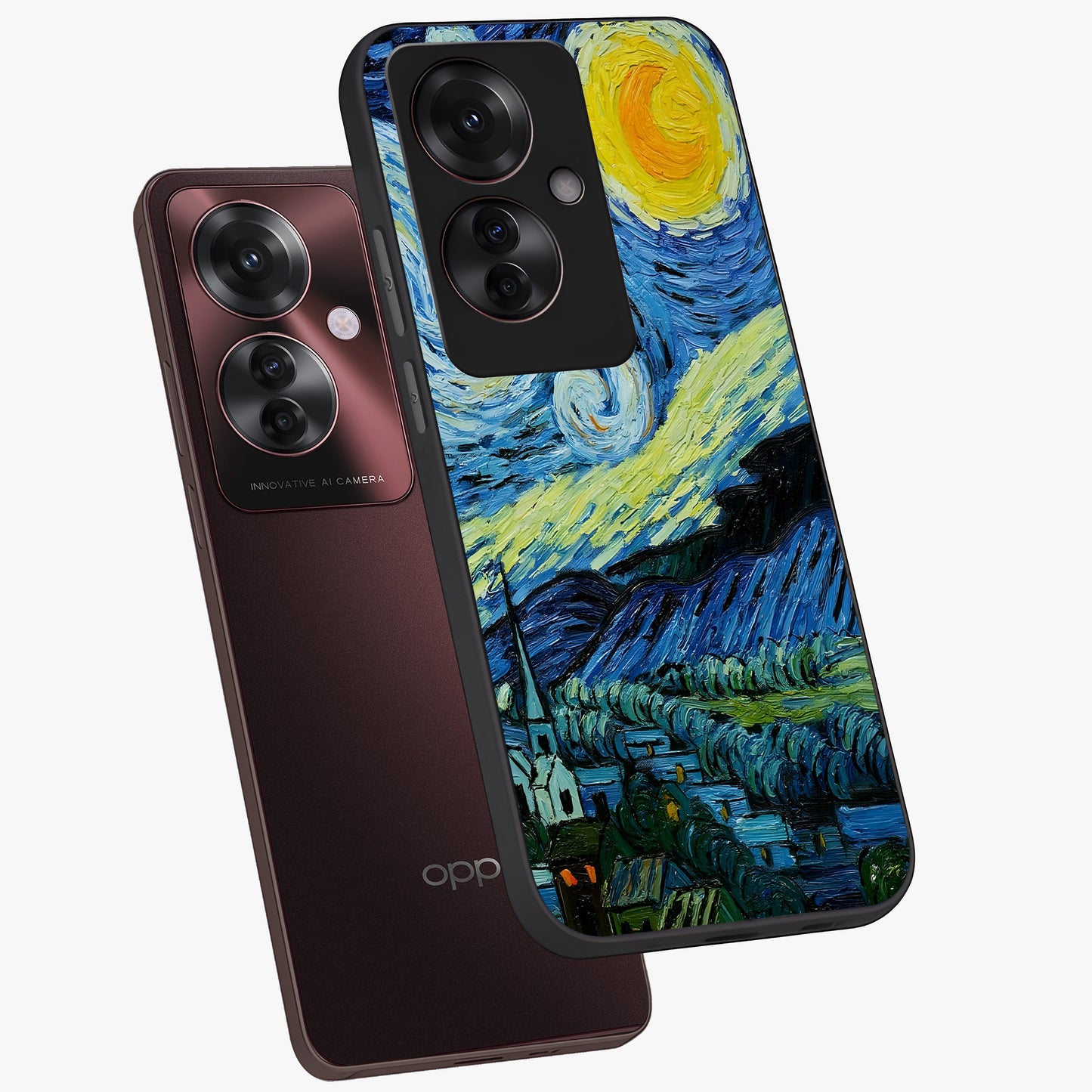 Van Gogh Art Glass Case displayed in angled mockup highlighting swirling brushstroke design with artistic aesthetic.