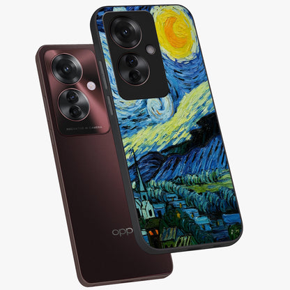 Van Gogh Art Glass Case displayed in angled mockup highlighting swirling brushstroke design with artistic aesthetic.