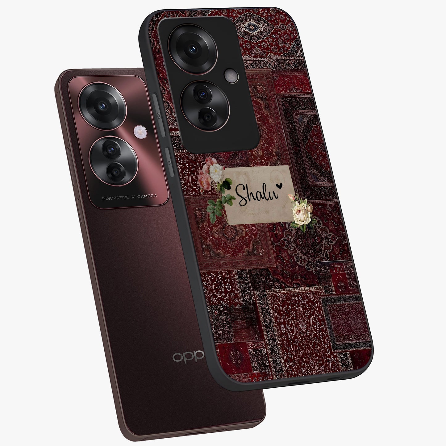 Velvet Wine Pattern Custom Name Glass Case displayed in angled mockup highlighting decorative velvet inspired design with custom name feature.