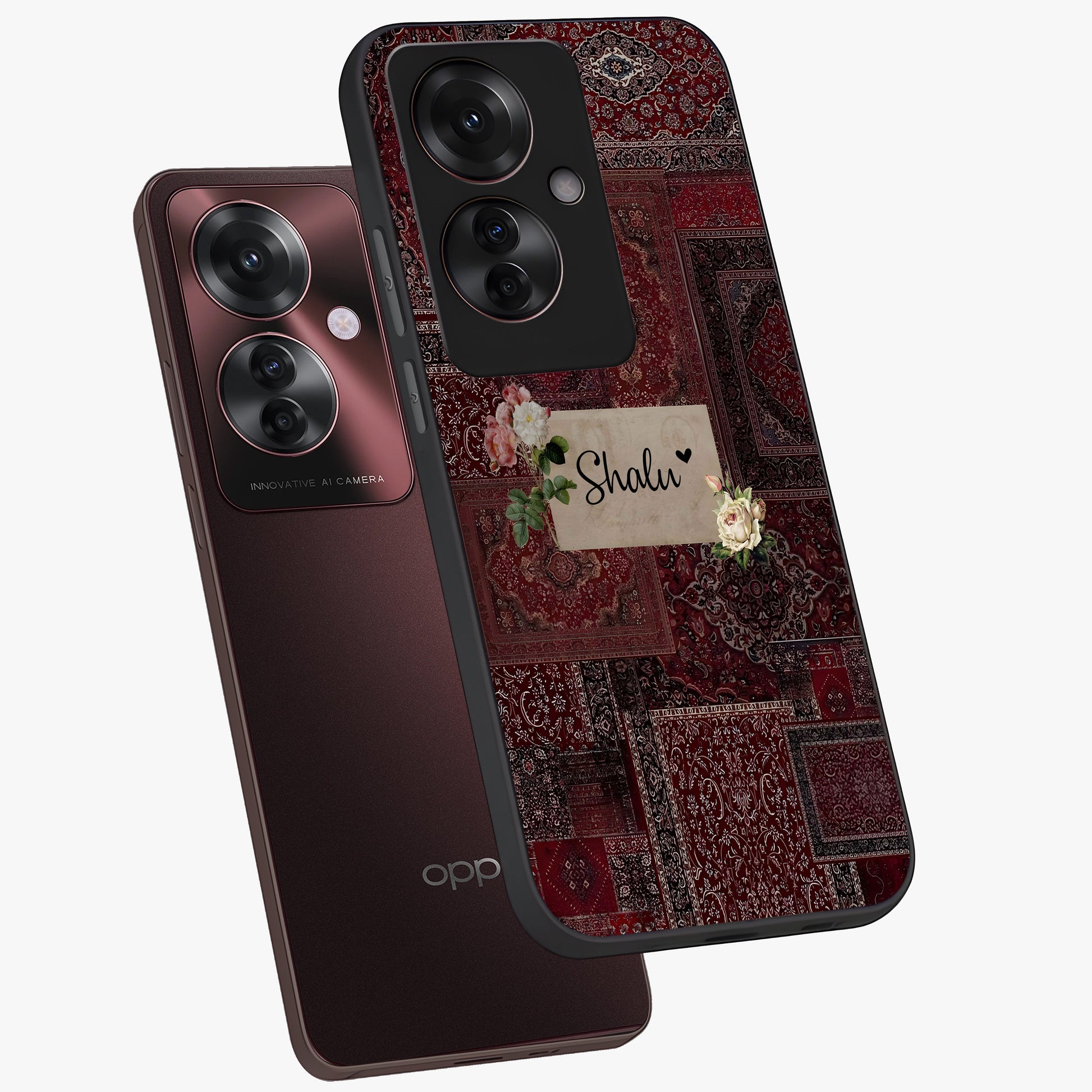 Velvet Wine Pattern Custom Name Glass Case displayed in angled mockup highlighting decorative velvet inspired design with custom name feature.