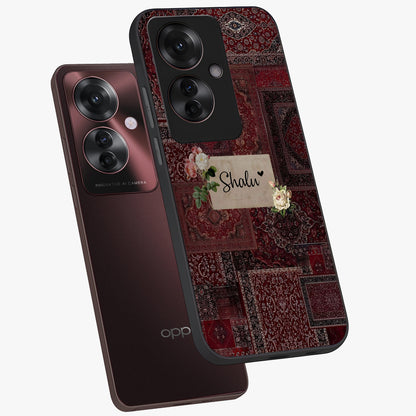 Velvet Wine Pattern Custom Name Glass Case displayed in angled mockup highlighting decorative velvet inspired design with custom name feature.