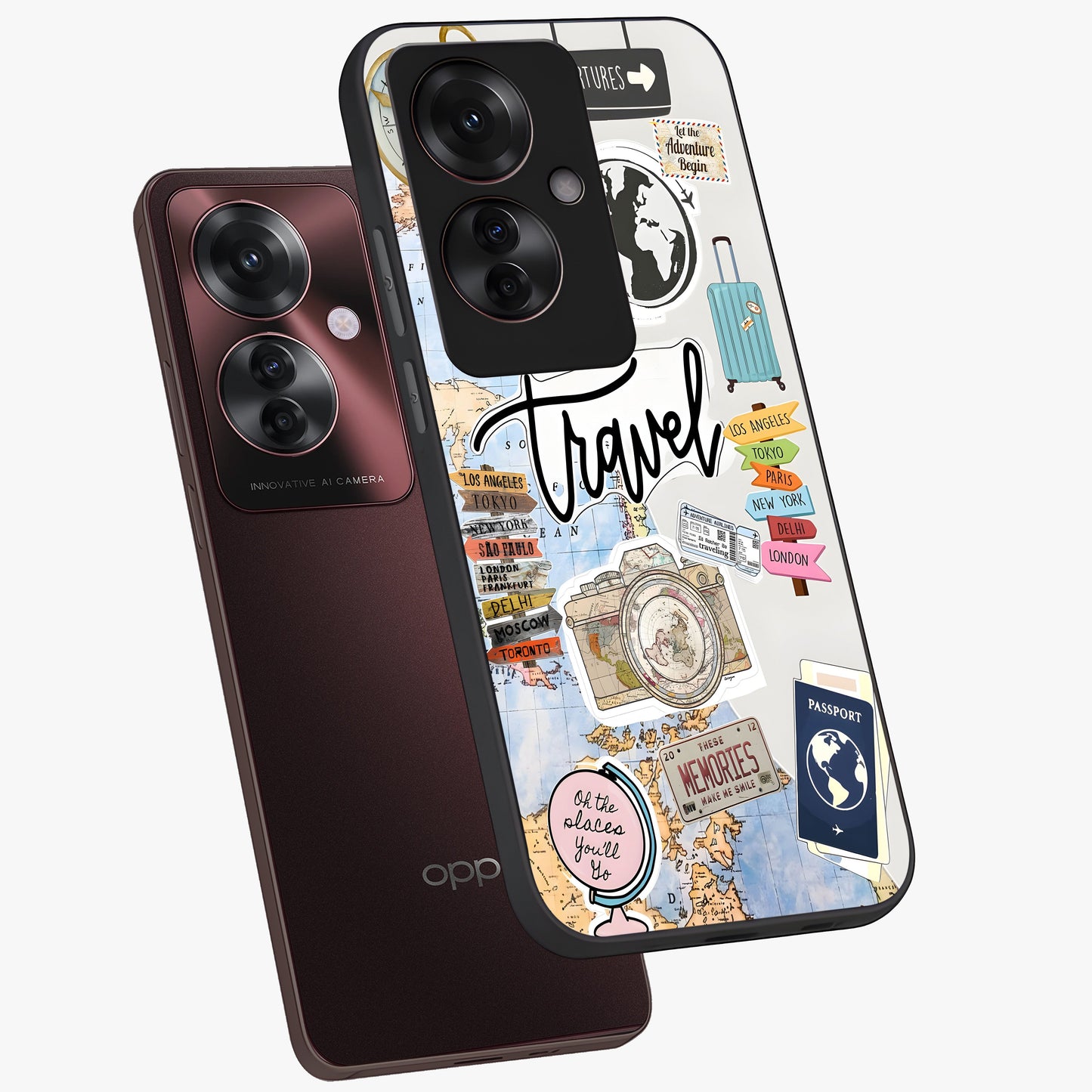 Wanderlust Journal Glass Case displayed in angled mockup highlighting adventure themed design with aesthetic travel vibe.