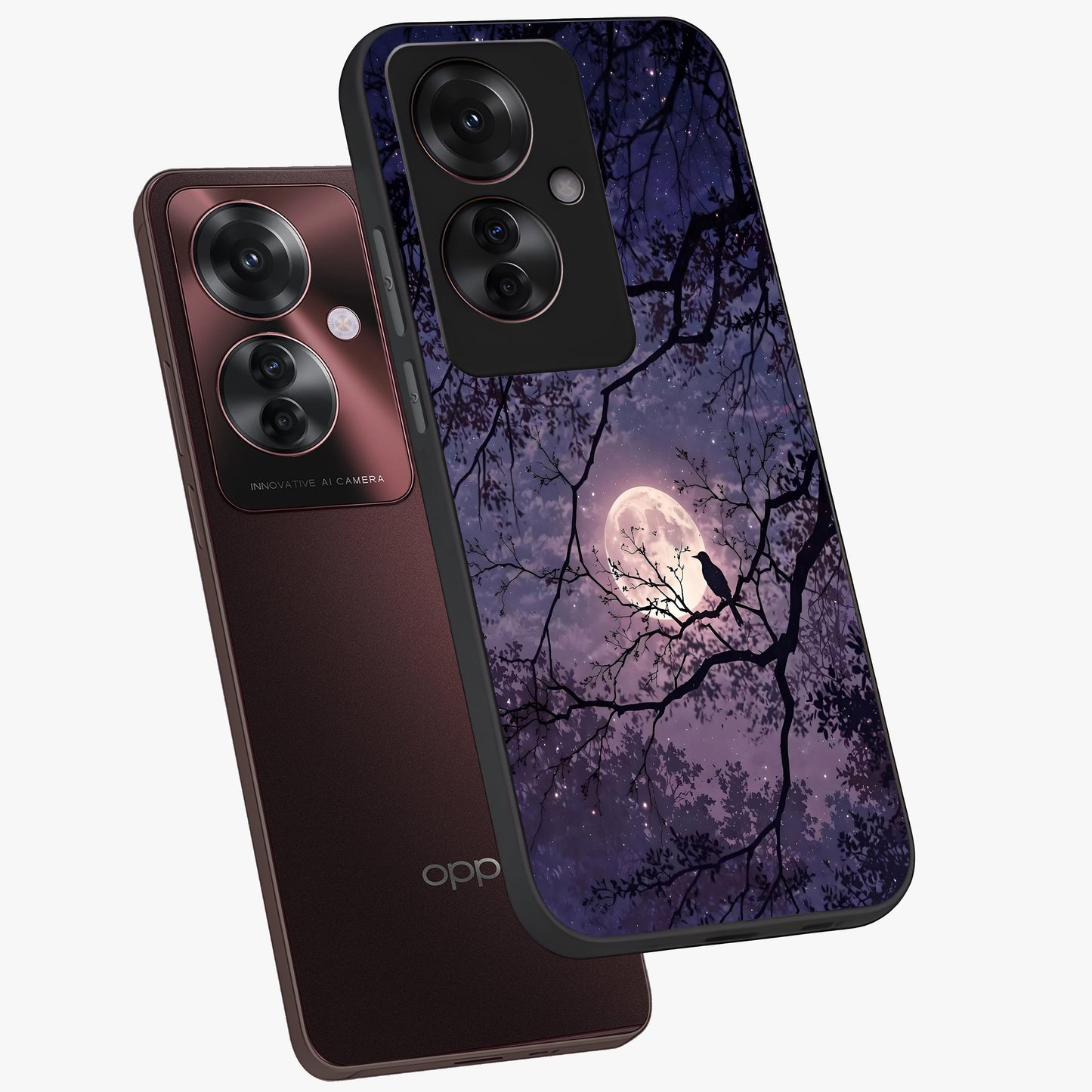 Whispering Moon Silence Glass Case displayed in angled mockup highlighting calm lunar design with dreamy night aesthetic.