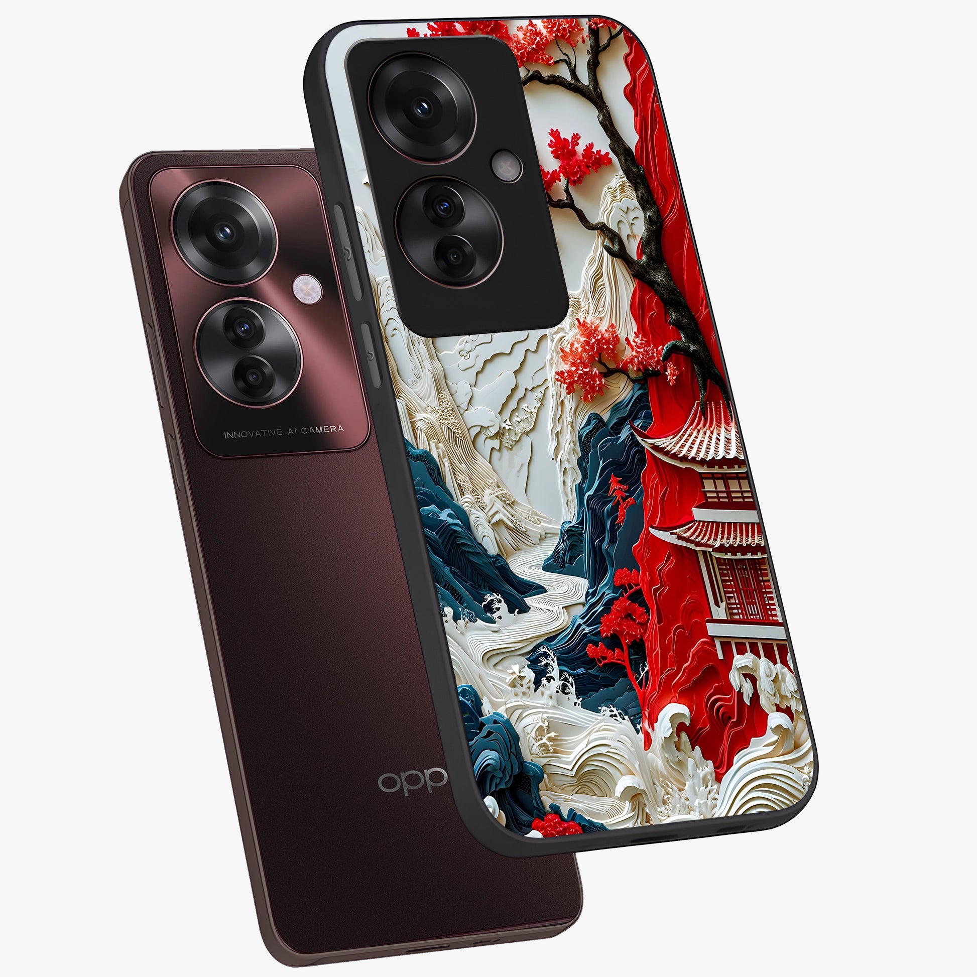 Whispers Of Sakura Waves Glass Case displayed in angled mockup highlighting flowing sakura design with soft floral aesthetic.