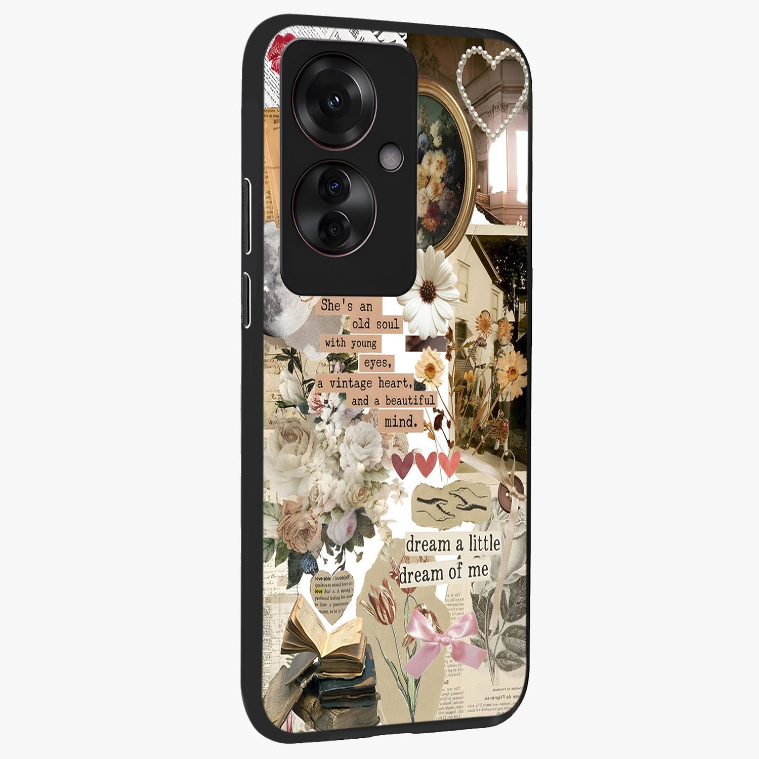 Aesthetic Brown Vintage Collage Glass Case upright view showcasing nostalgic retro artwork with stylish vintage theme.
