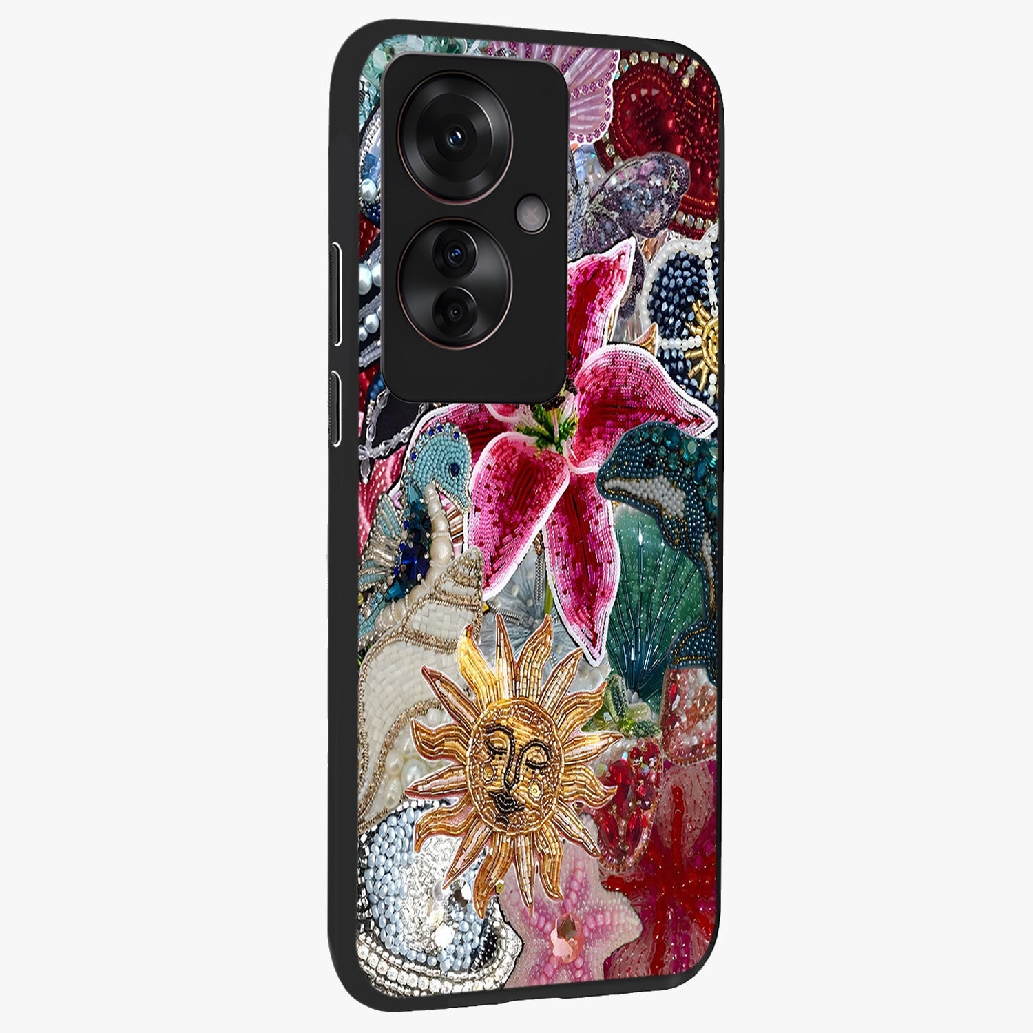 Beaded Garden Fantasy Glass Case upright view showcasing whimsical garden aesthetic with artistic bead details.