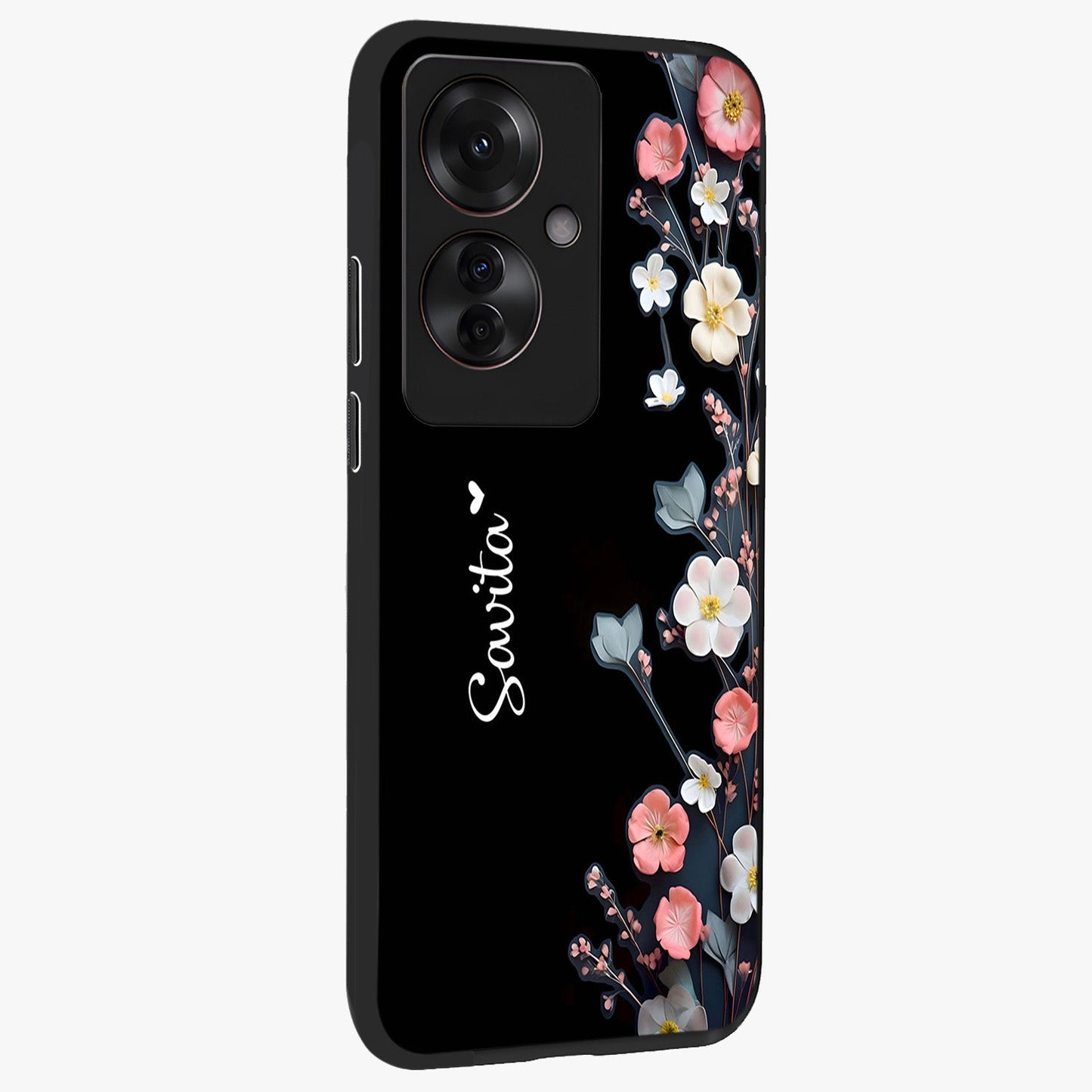 Black Elegance Floral Custom Name Glass Case upright view showcasing luxurious black floral design with personalized name detail.