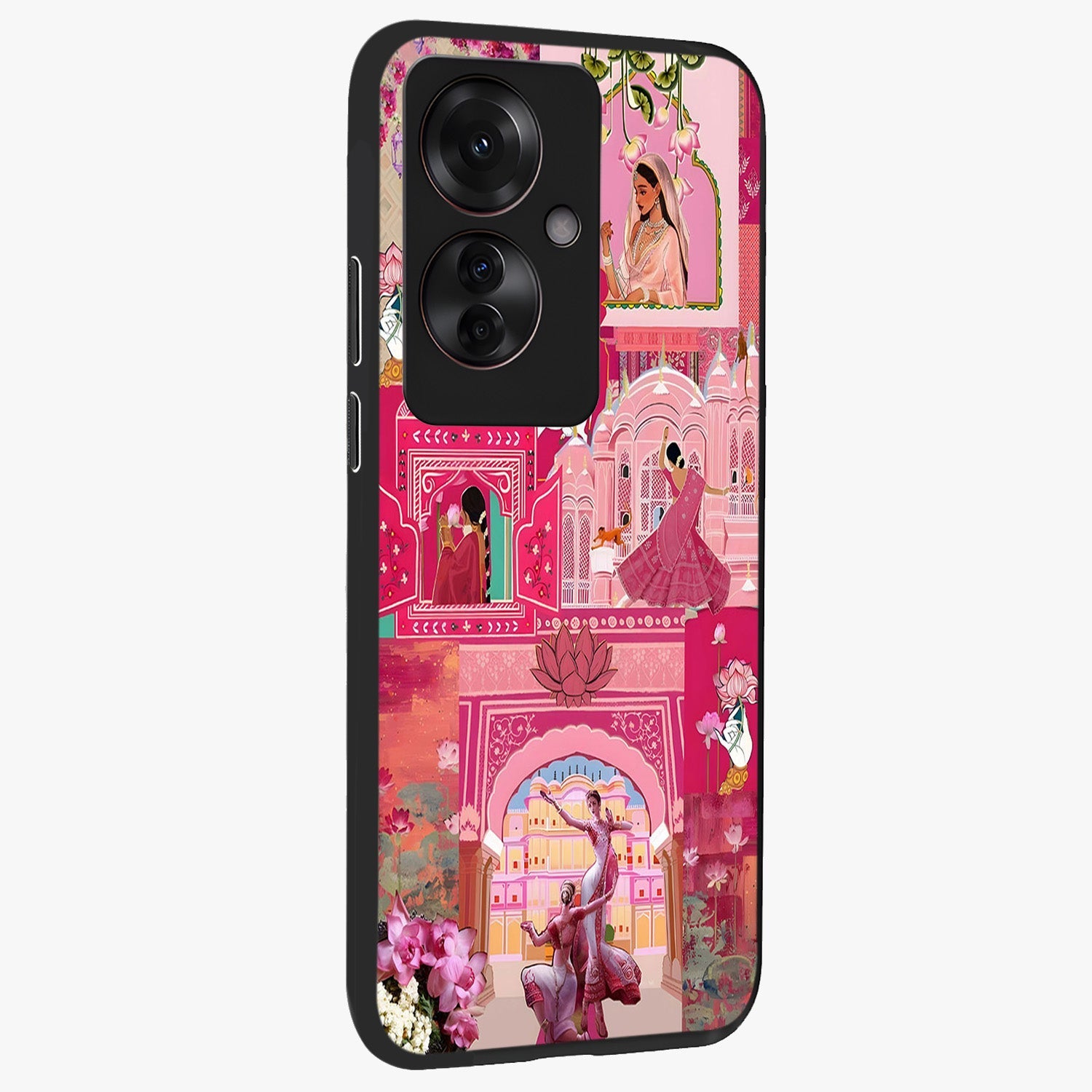Blossoms of Rajasthan Glass Case upright view showcasing colorful floral design inspired by traditional Indian art.