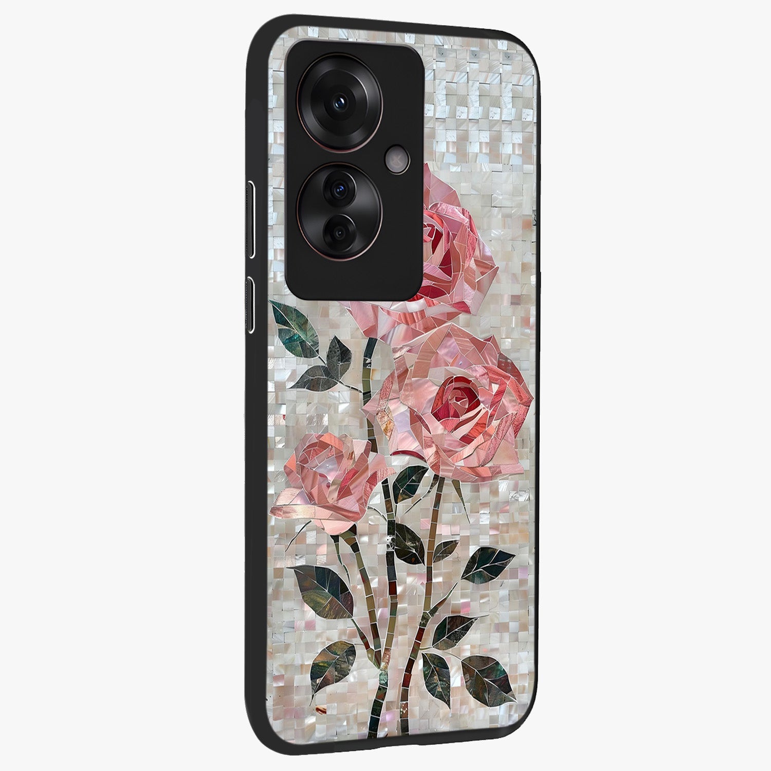 Blush Mosaic Bloom Glass Case upright view showcasing decorative floral mosaic artwork with stylish modern aesthetic.