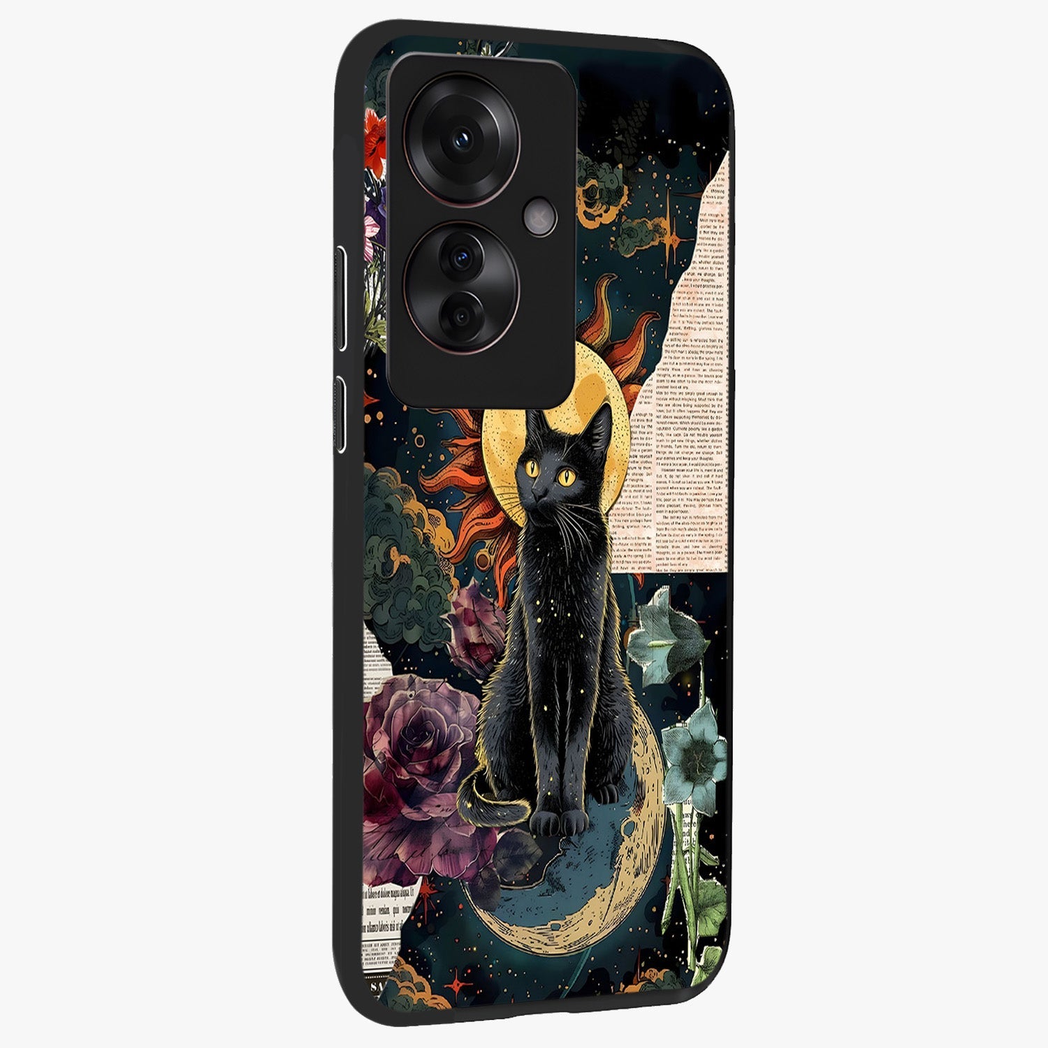 Celestial Black Cat Glass Case upright view showcasing magical black cat illustration with starry cosmic theme.
