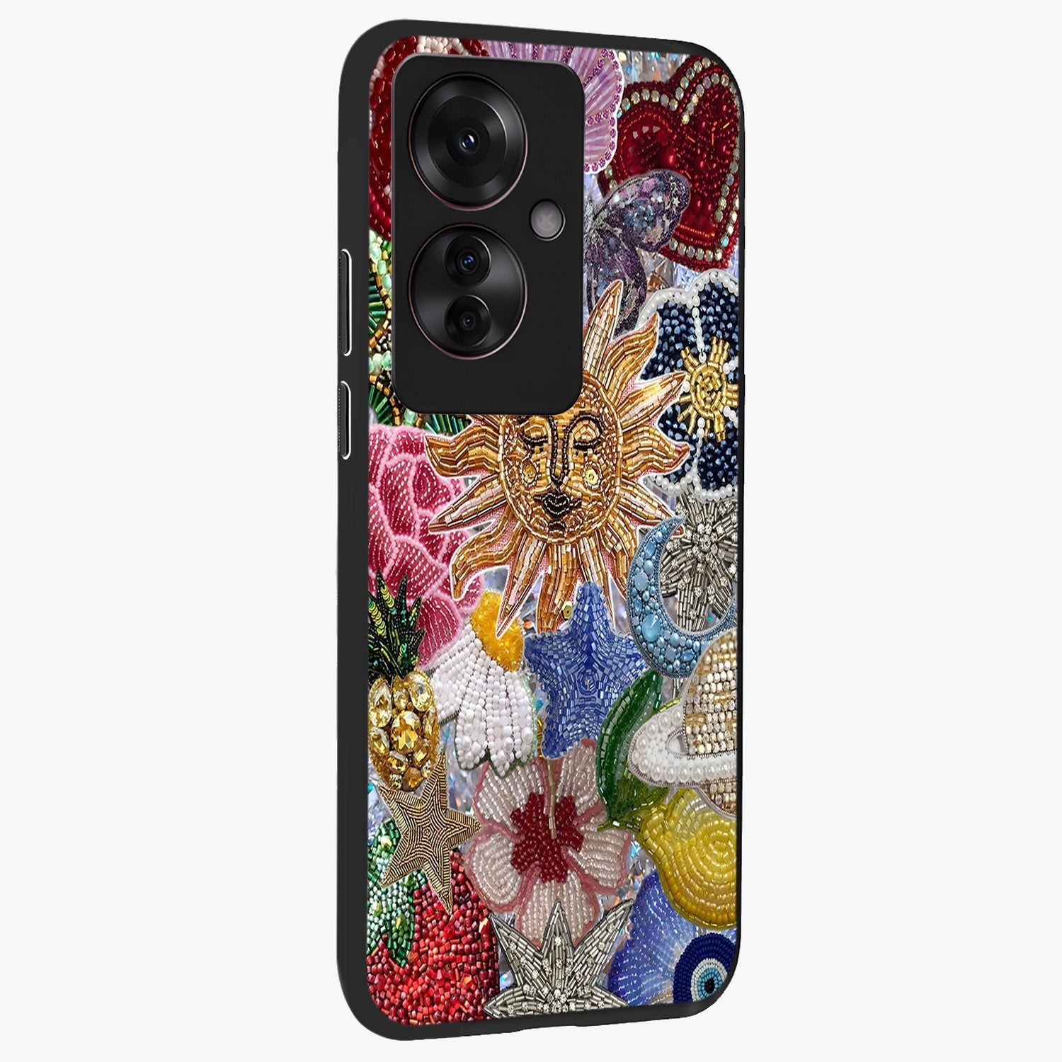 Celestial Floral and Playful Glass Case upright view showcasing whimsical floral artwork with cosmic aesthetic theme.