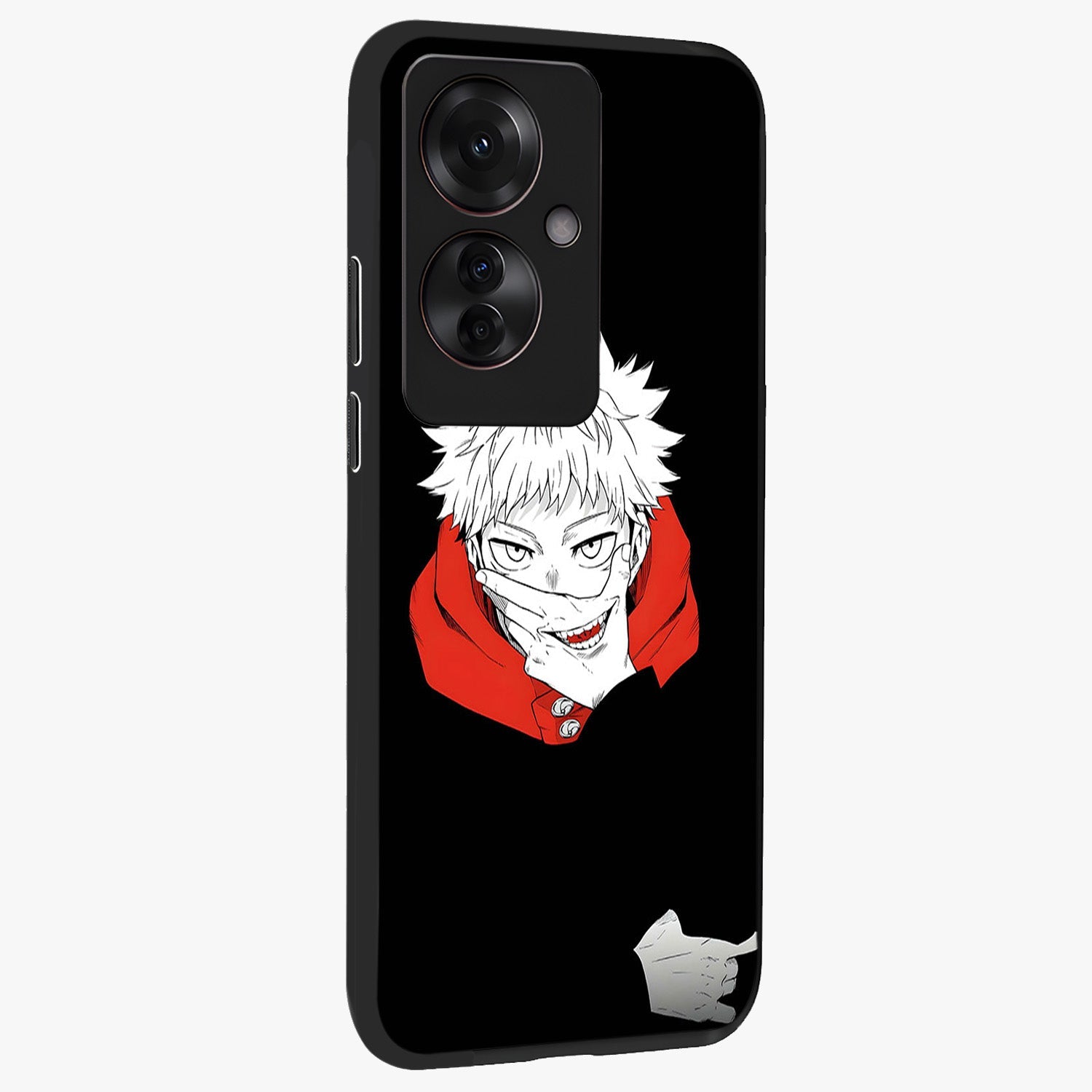 Crimson Chaos Smile Glass Case upright view showcasing expressive chaotic artwork with striking visual theme.
