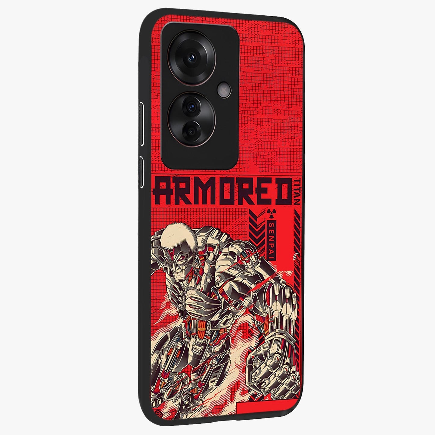 Crimson Mecha Titan Glass Case upright view showcasing dynamic robotic titan design with sci-fi inspired theme.