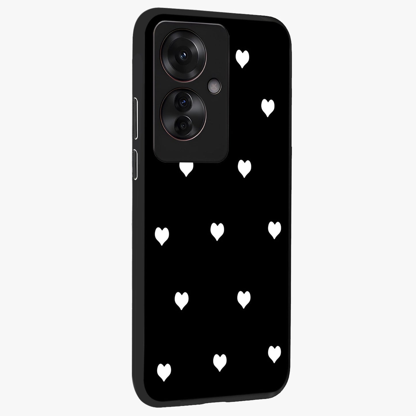 Cute And Simple White Hearts Glass Case upright view showcasing simple white hearts artwork with soft minimal theme.