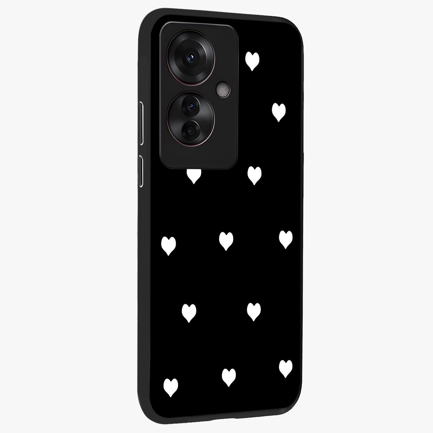 Cute And Simple White Hearts Glass Case upright view showcasing simple white hearts artwork with soft minimal theme.