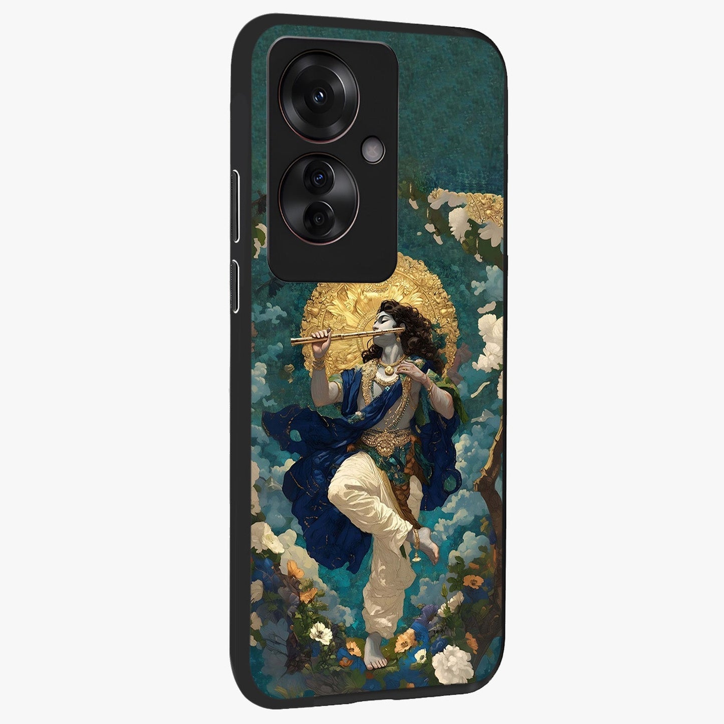 Divine Krishna Art Glass Case upright view showcasing divine Krishna artwork with sacred artistic theme.