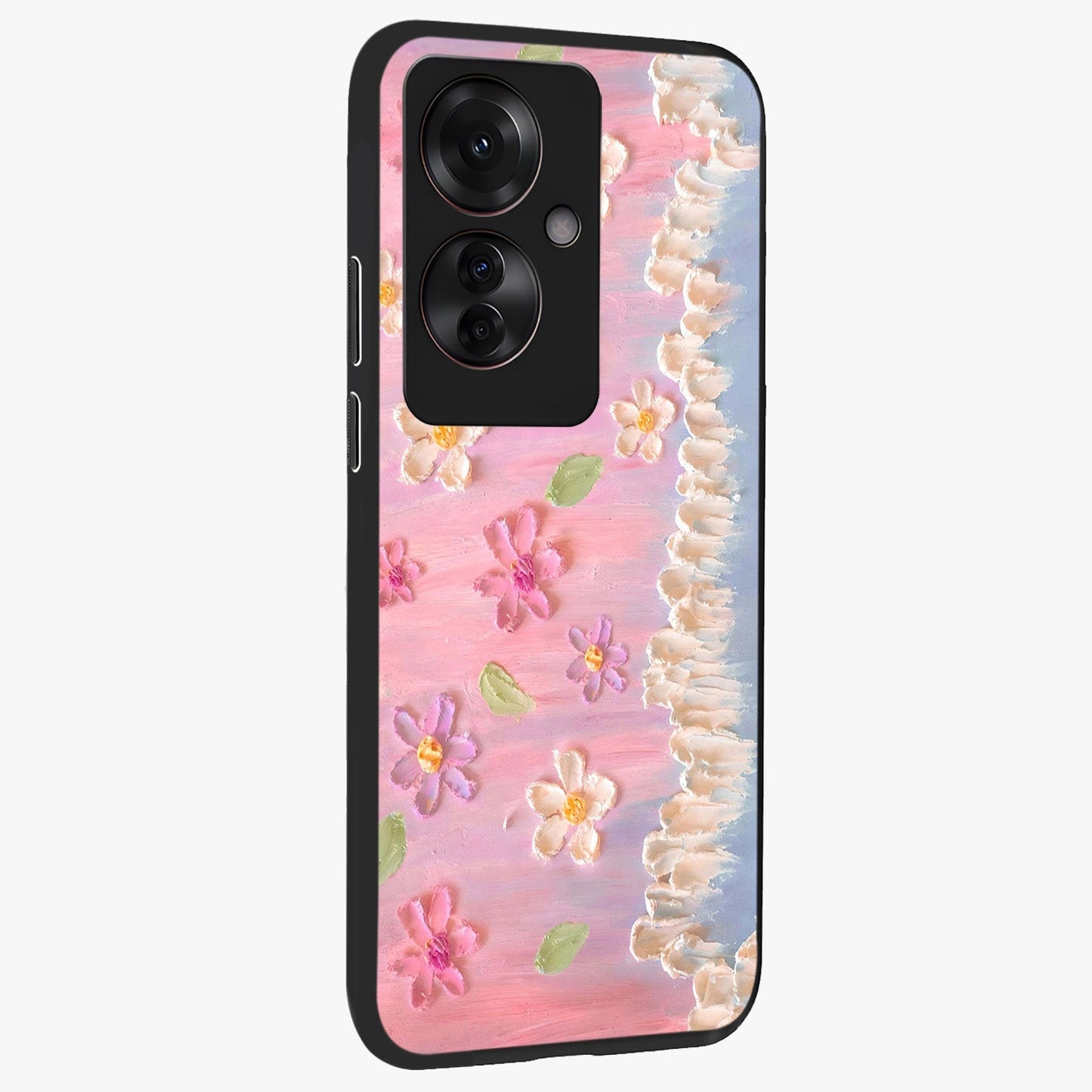Dreamy Painted Garden Glass Case upright view showcasing vibrant floral garden artwork with artistic nature theme.