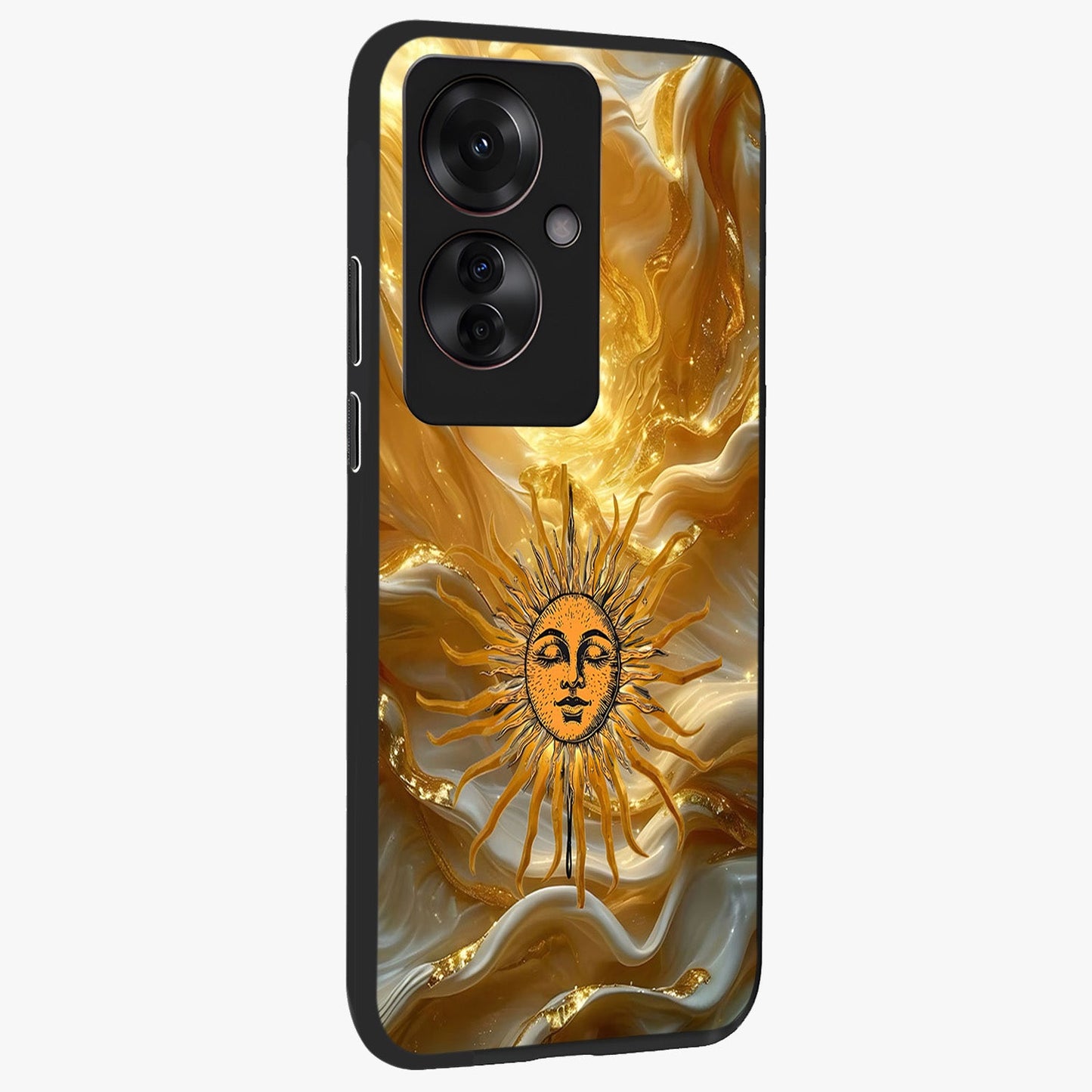 Eternal Golden Glow Glass Case upright view showcasing luminous golden artwork with luxurious visual theme.