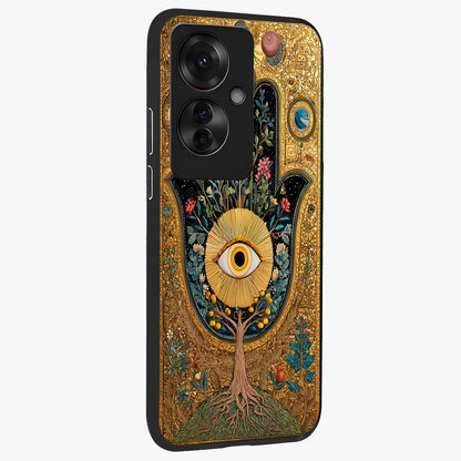 Ethereal Evil Eye Glass Case upright view showcasing celestial evil eye artwork with mystical theme.